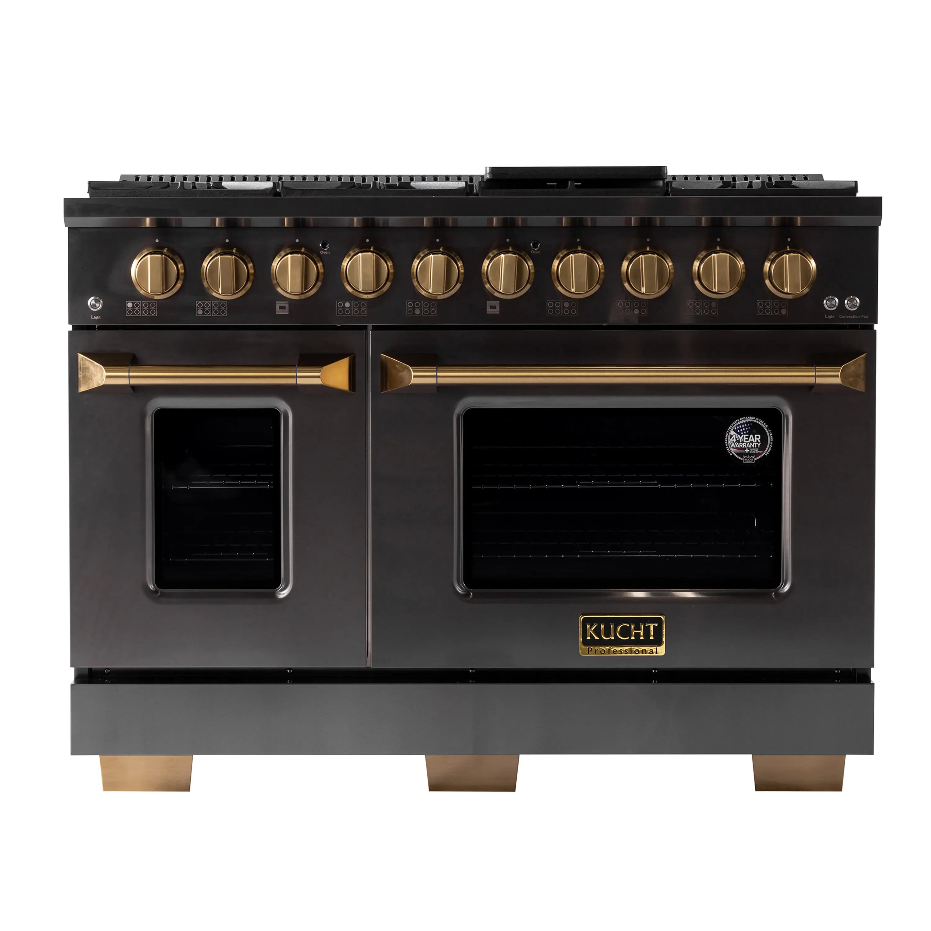 Dual fuel range with dual ovens, sealed burners, and convection oven doors in dark stainless
