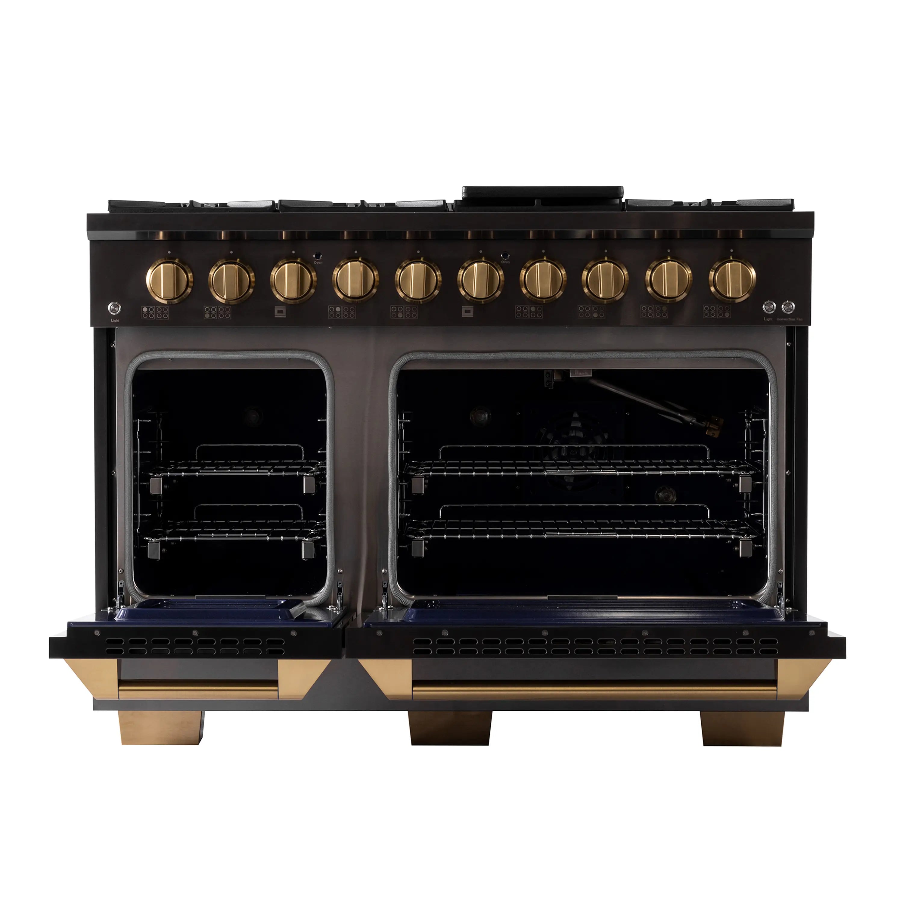 Titanium stainless steel dual oven range with both oven doors open and burners exposed