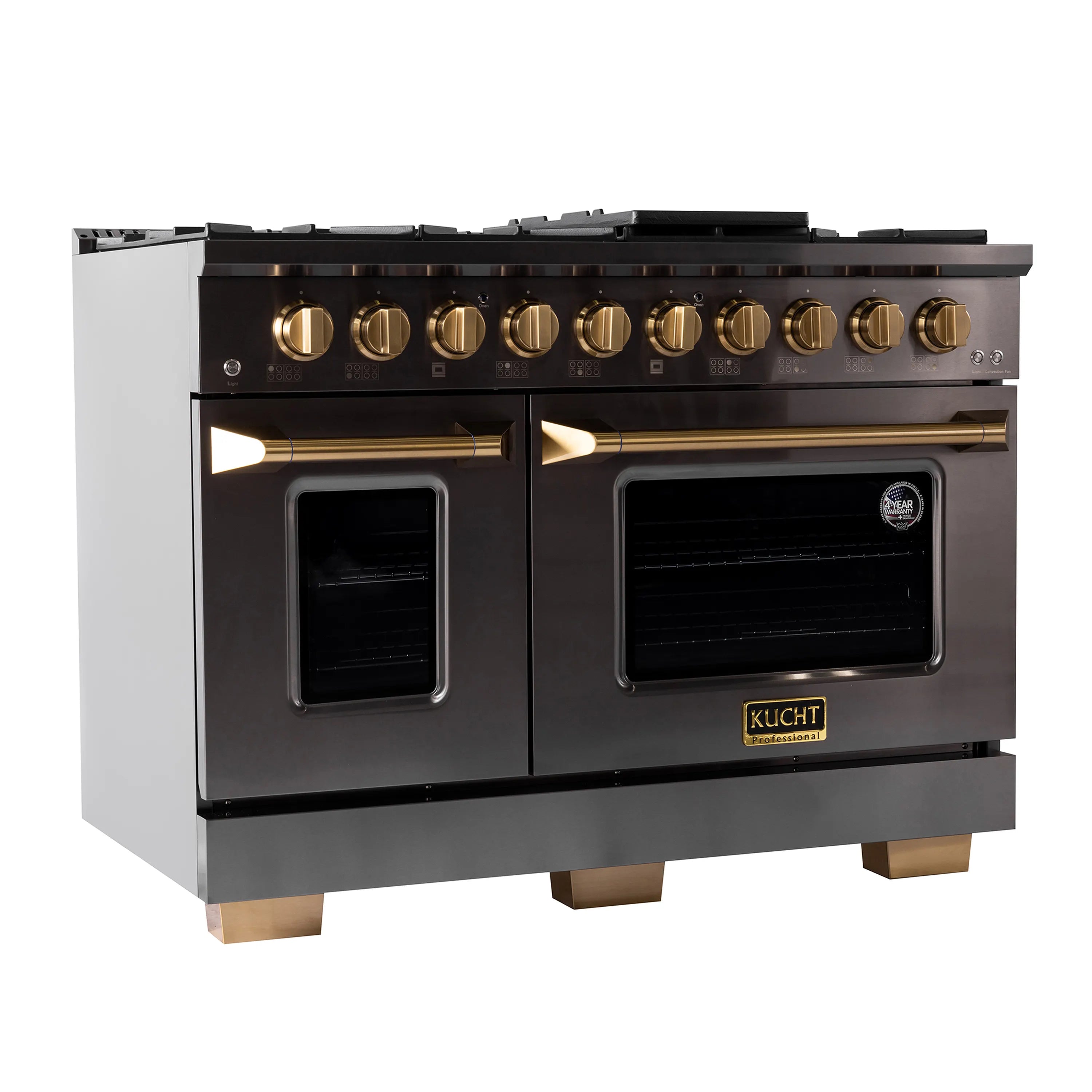 Titanium stainless steel dual fuel range with front burners, two oven doors, and gold accents