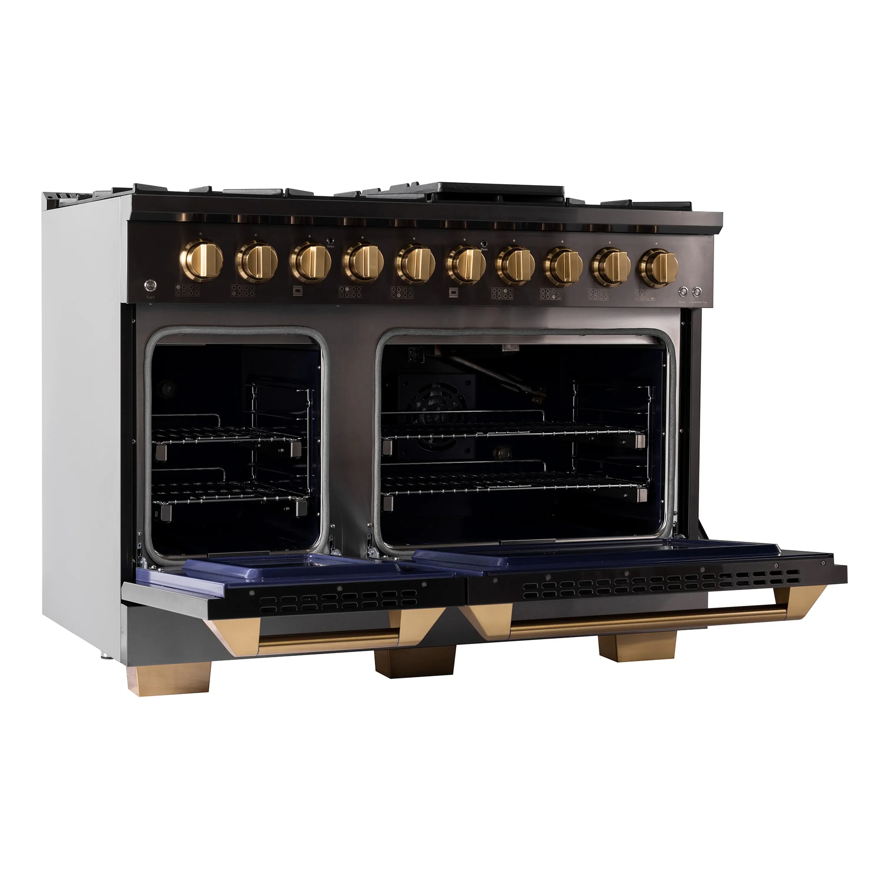 Dual fuel range with both oven doors open and wire racks visible inside