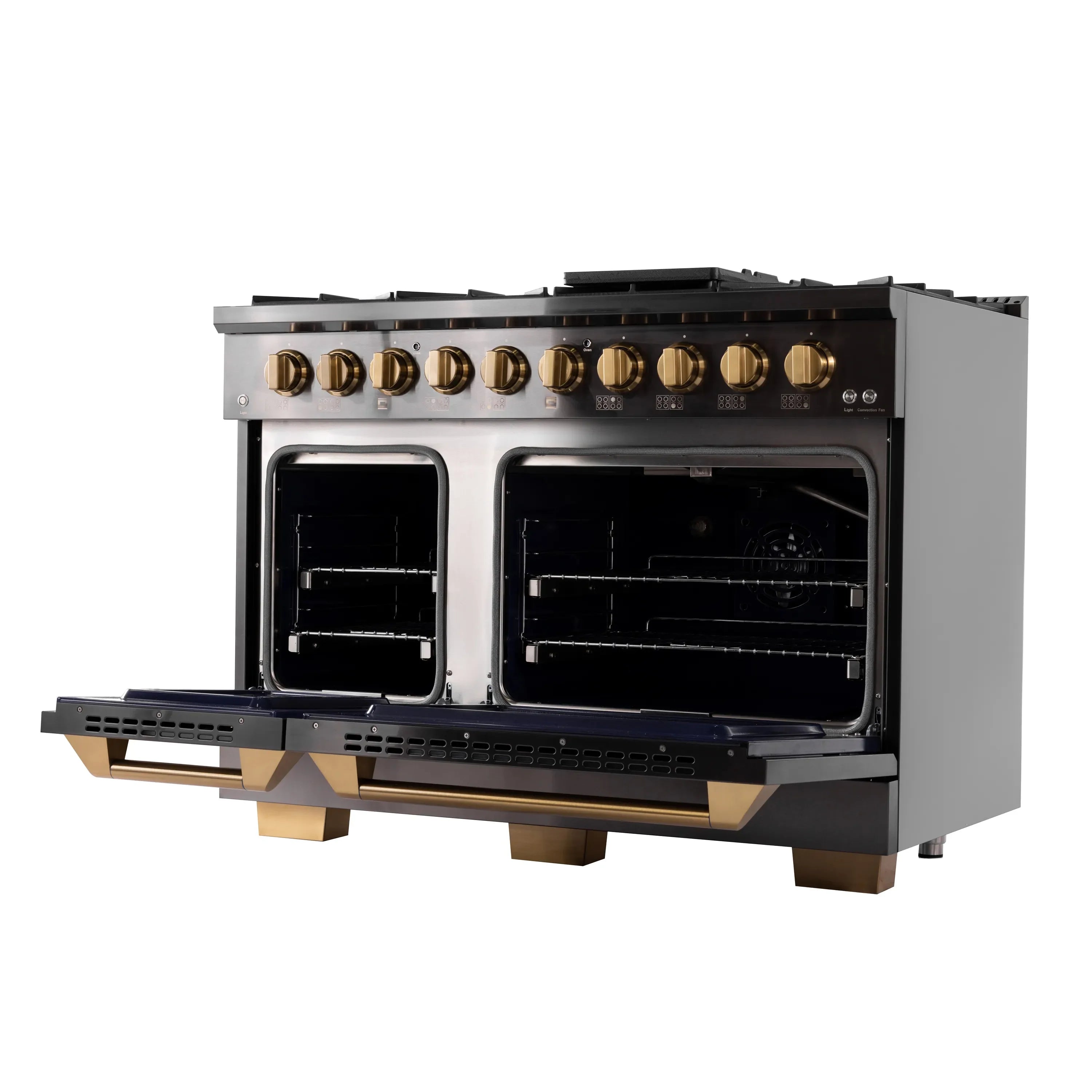 Dual fuel range angled view with both ovens open and burner knobs along the front panel