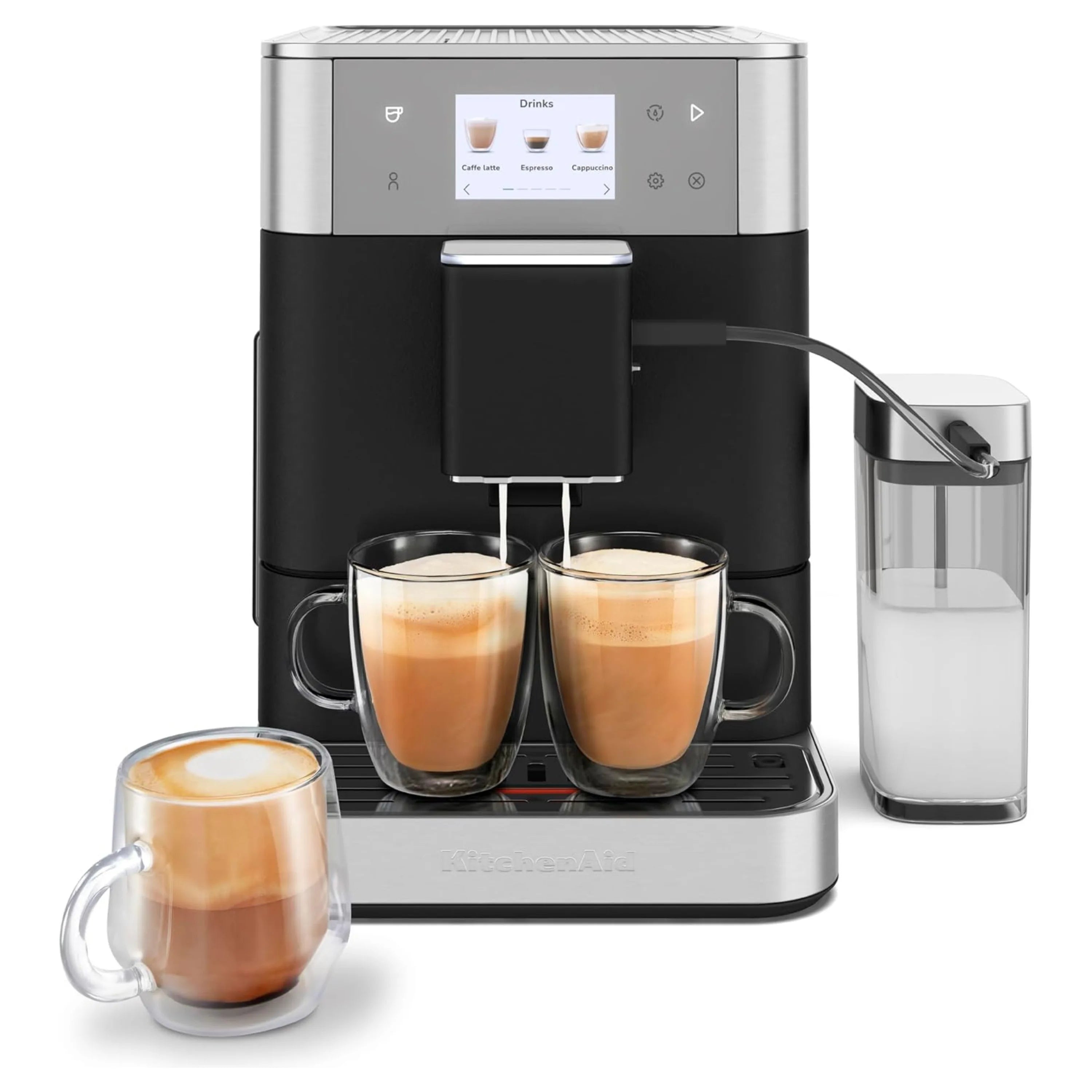 Black fully automatic espresso machine with milk container, silver top, and touch display