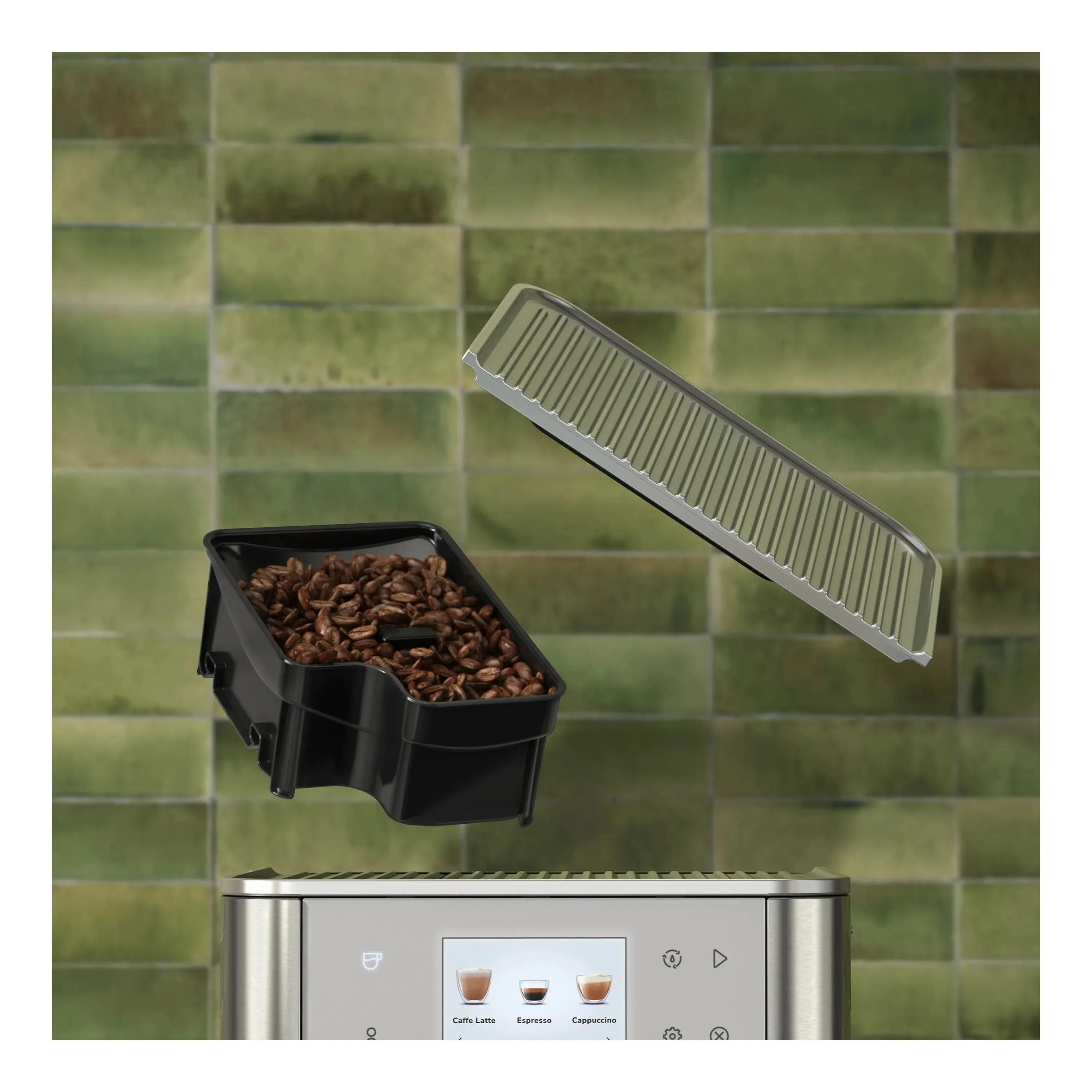 Juniper green espresso machine with bean hopper attachment near top opening