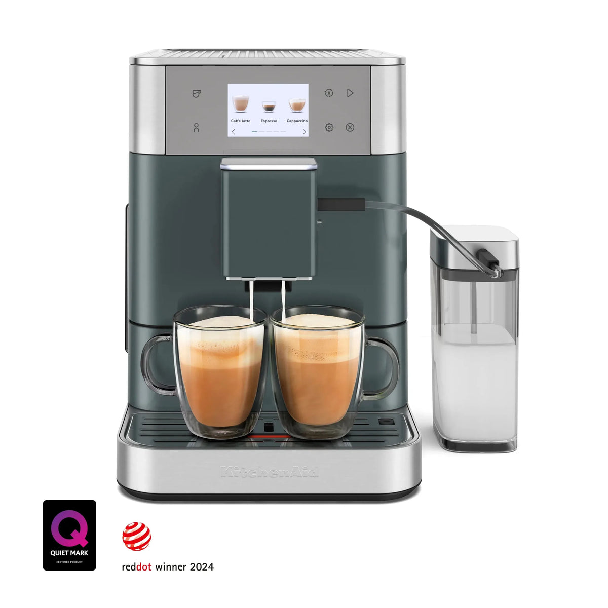 Juniper green fully automatic espresso machine with two cups and milk carafe