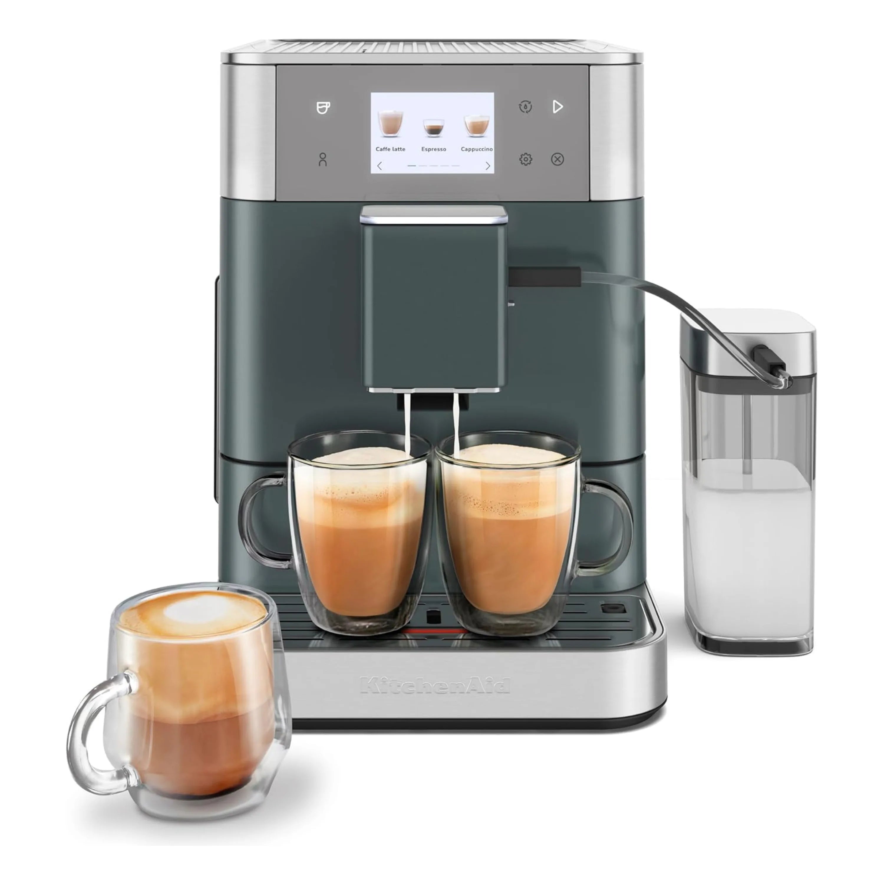 Juniper green espresso machine with two latte cups and separate milk container