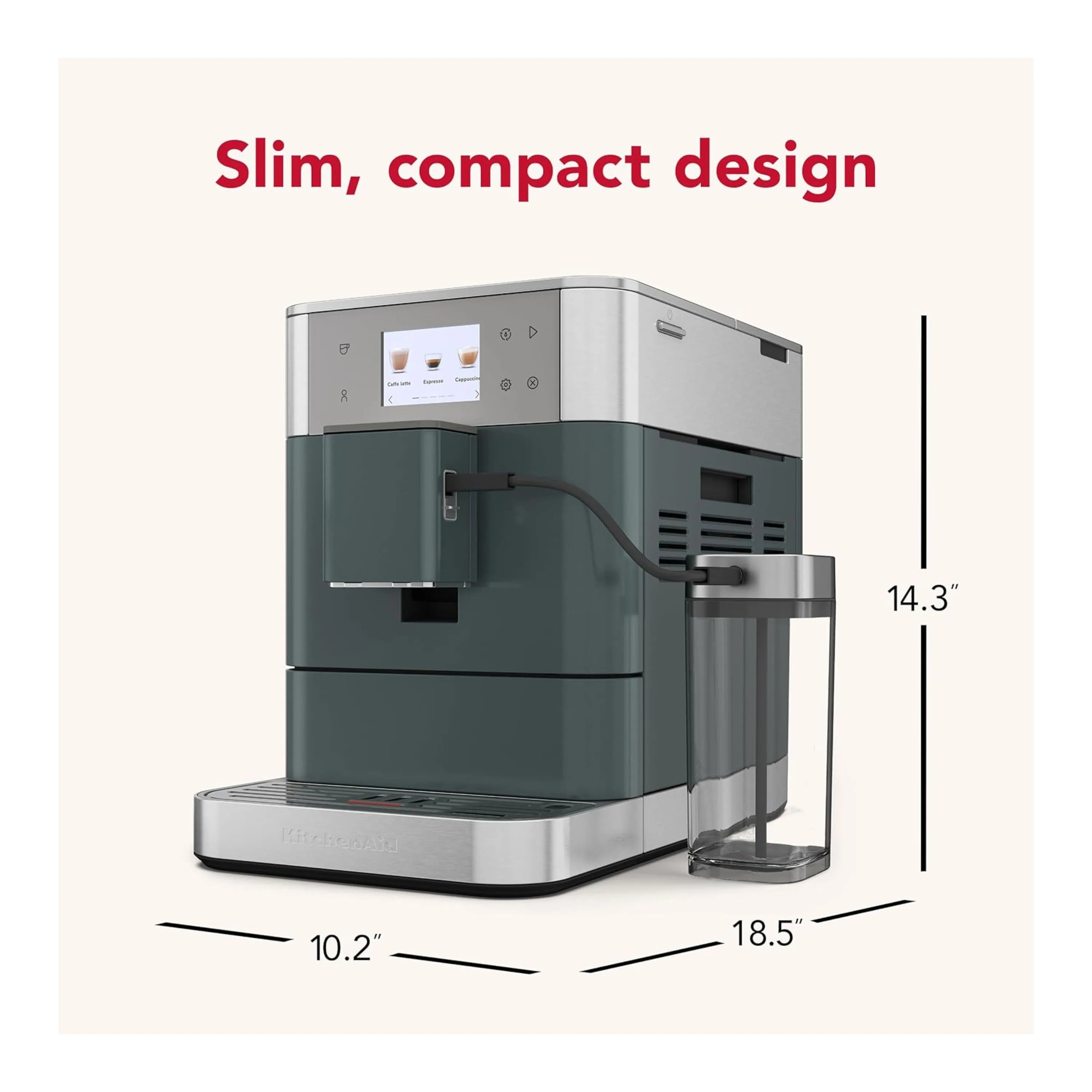 Juniper green compact fully automatic espresso machine with milk container and spout