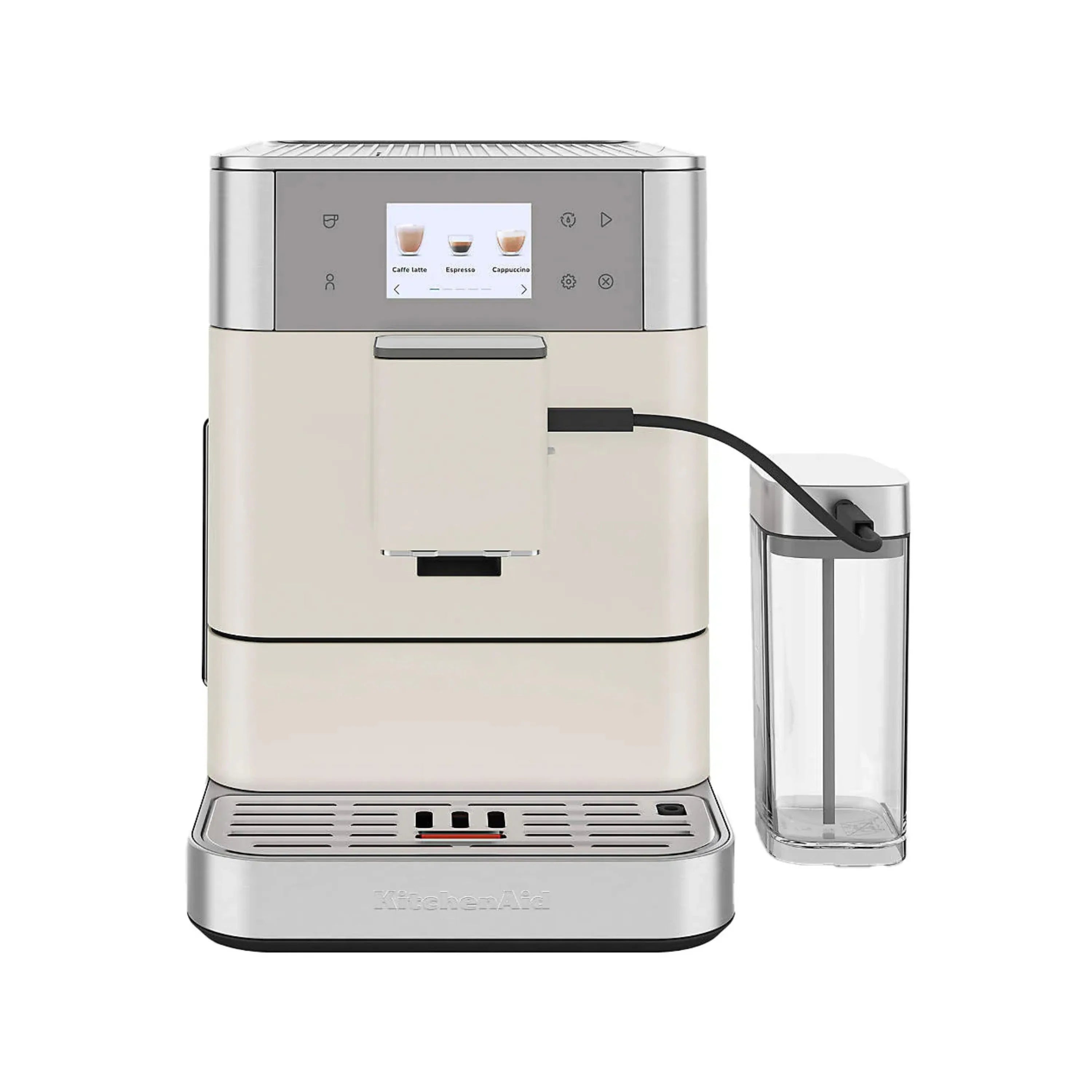 Porcelain white fully automatic espresso machine with control panel and glass milk container