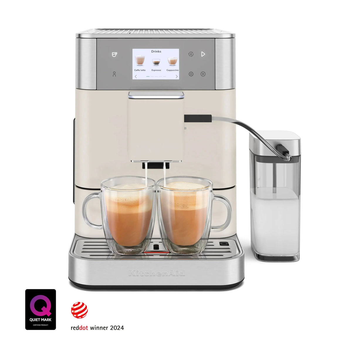 Porcelain white espresso machine with two cups, glass milk container, and certification badge