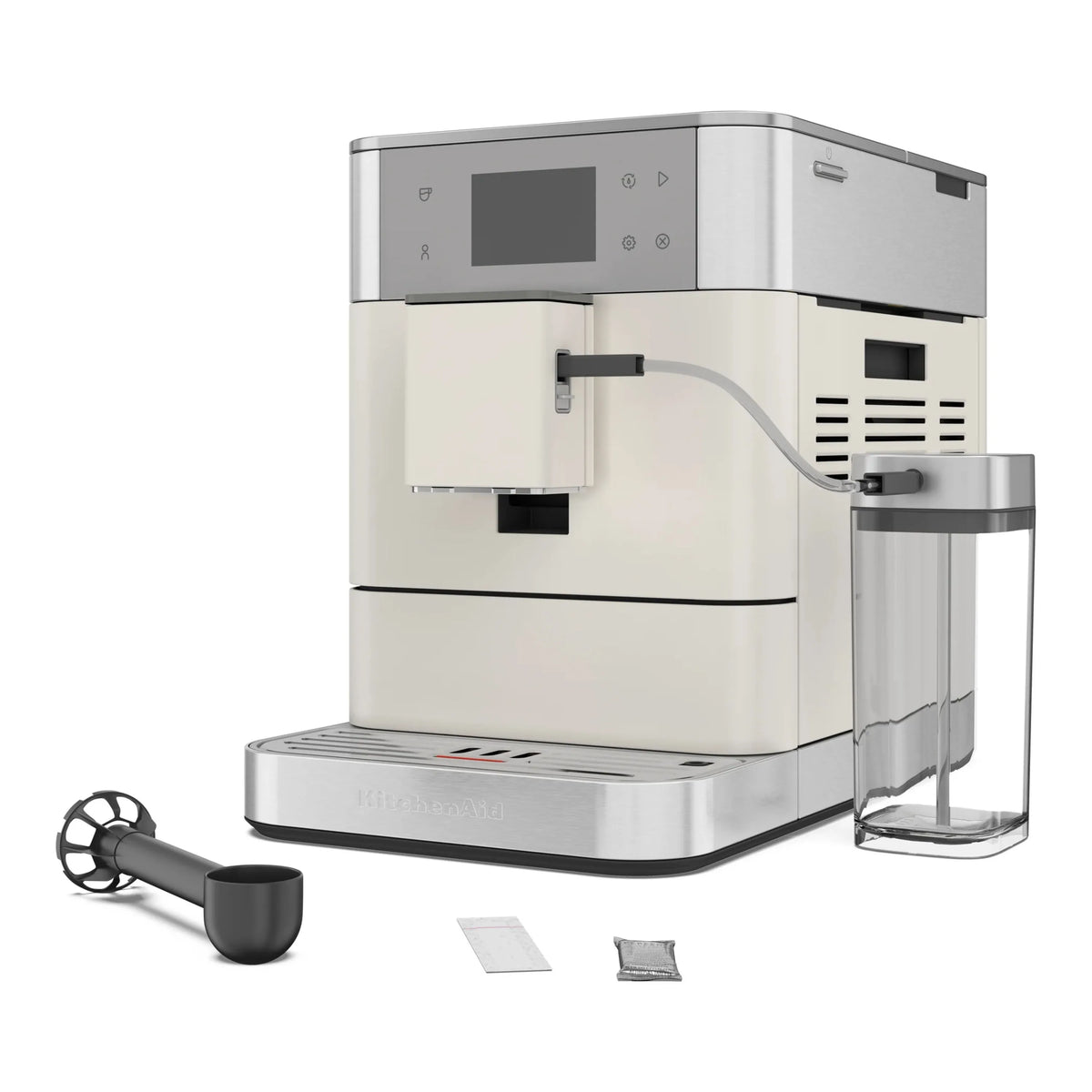 Side view of porcelain white espresso machine with glass milk container and removable parts