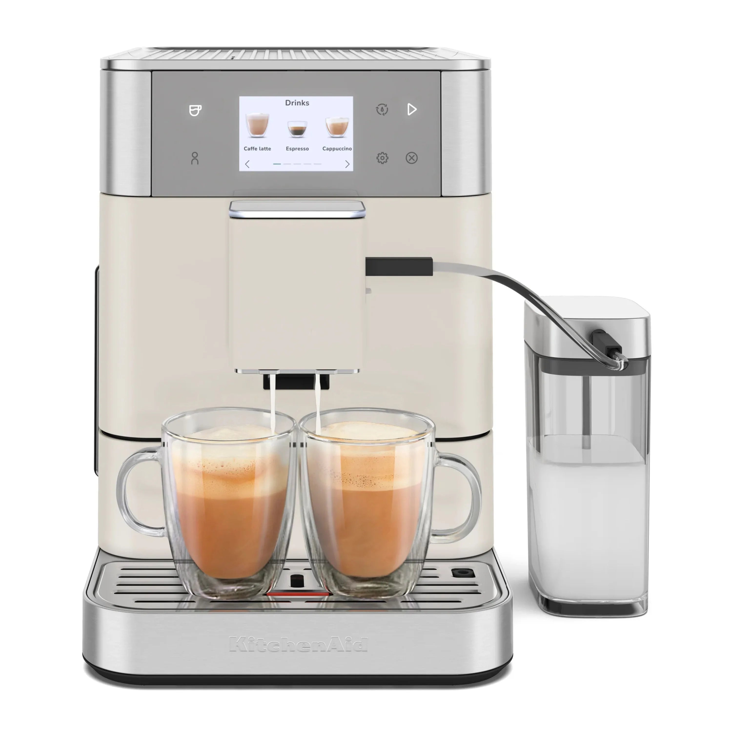 Porcelain white espresso machine with two cups and glass milk container