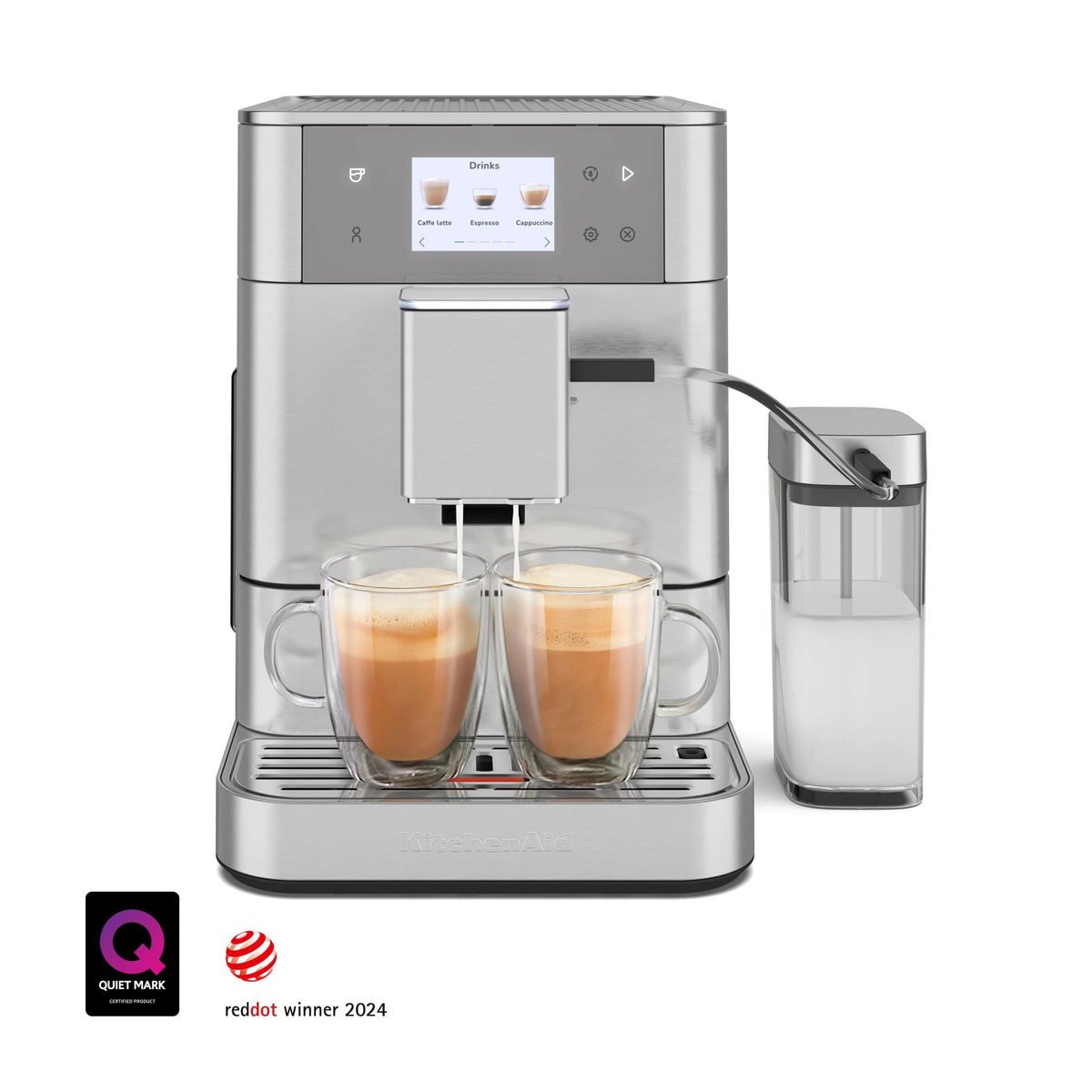 Stainless steel fully automatic espresso machine with two cups of espresso and milk container