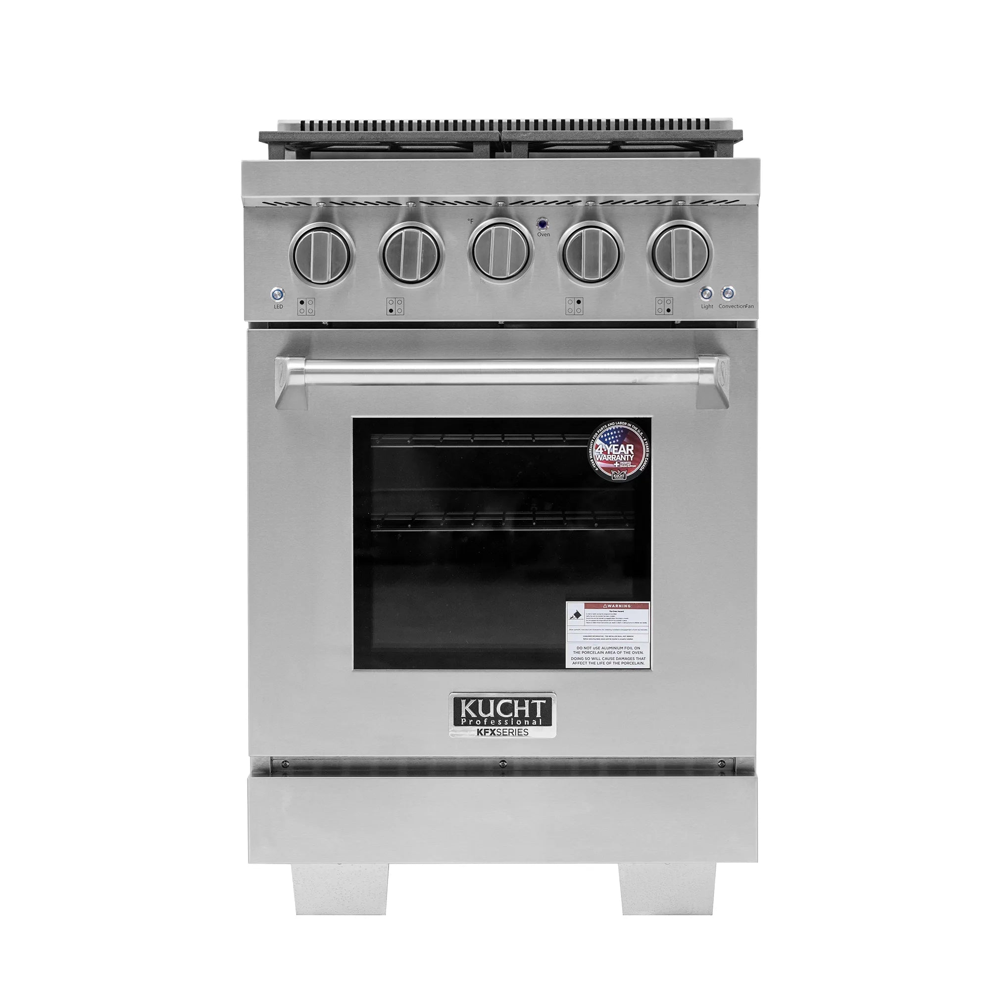 Stainless steel gas range with front knobs and glass oven door window