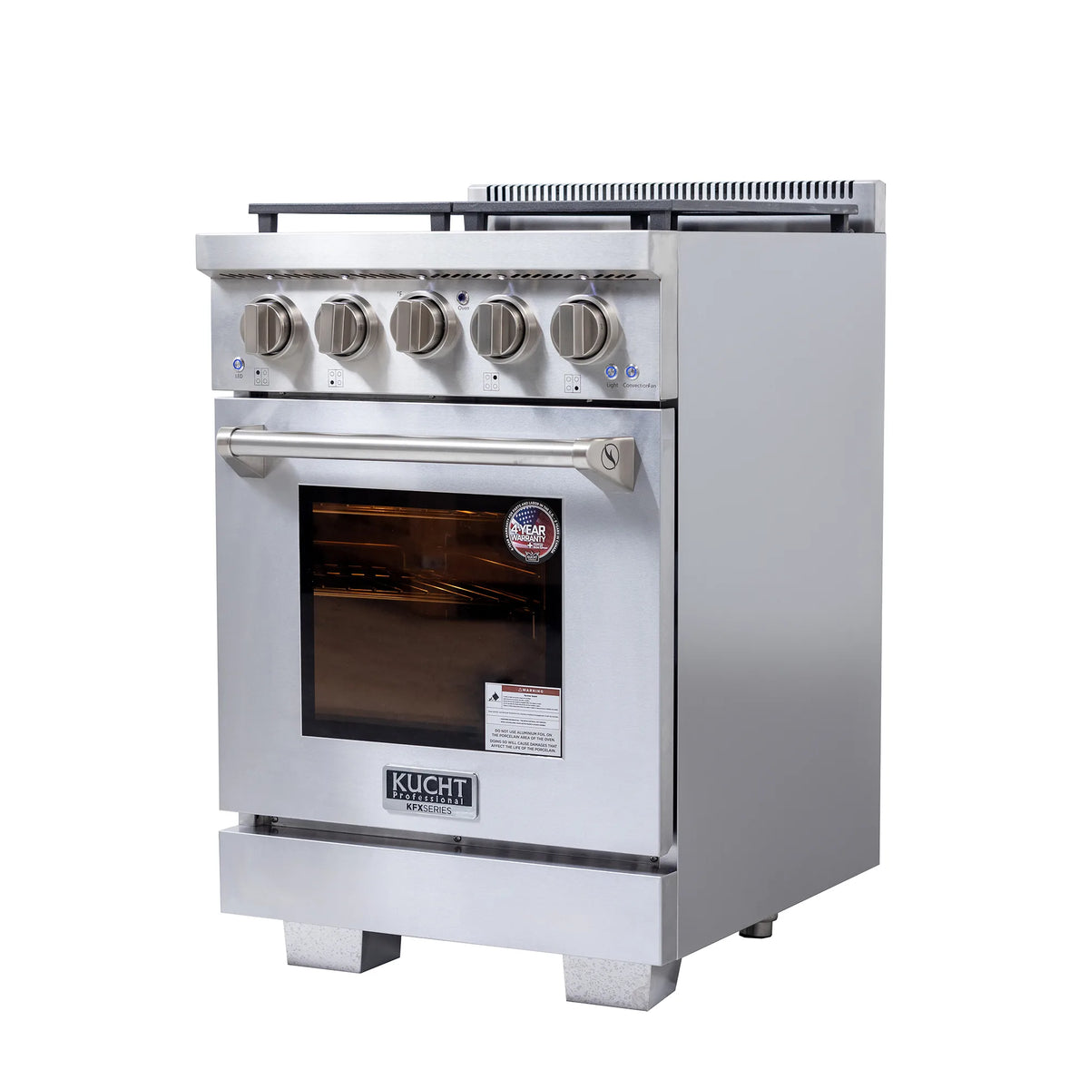 Stainless steel gas range with 5 burner knobs and glass oven door