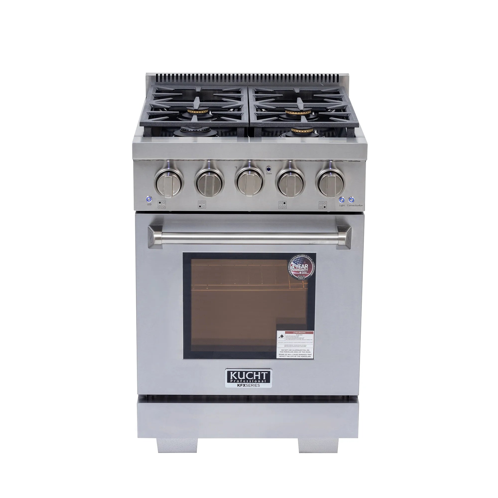 Stainless steel gas range with four black burner grates and glass oven door