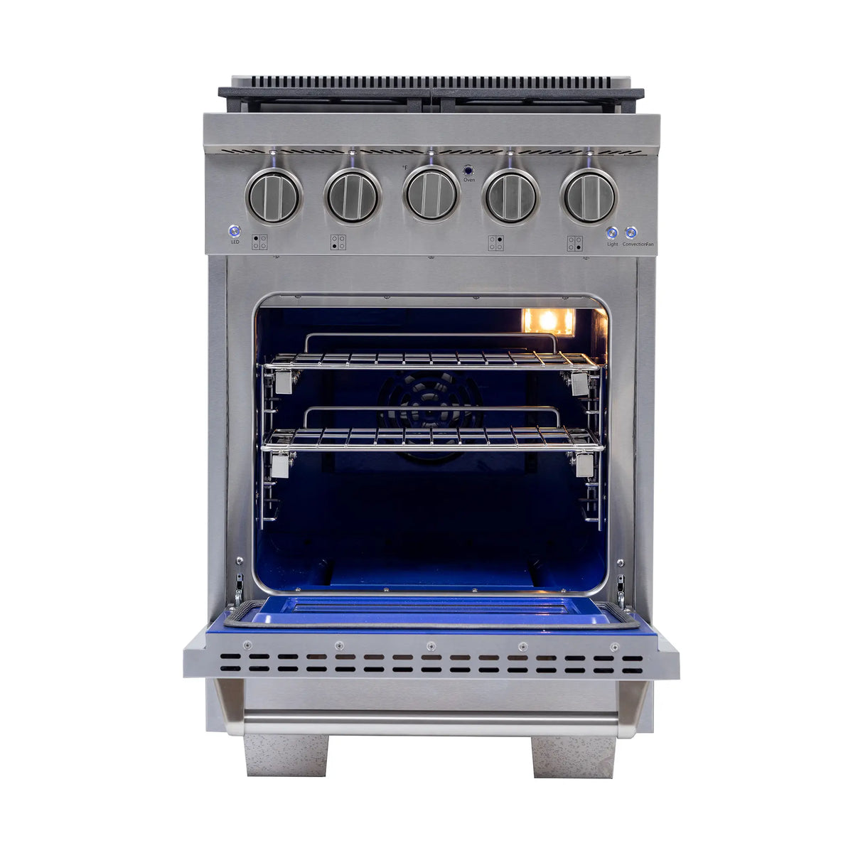 Stainless steel gas range with oven door open and visible heating element glow