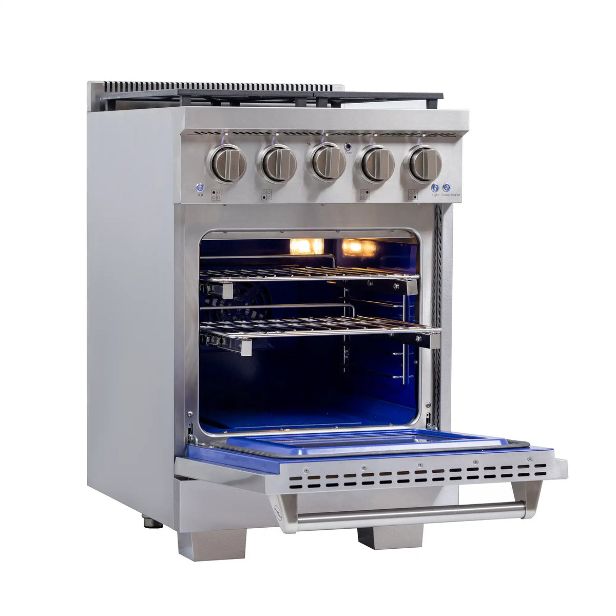 Stainless steel gas range with oven door open and racks inside