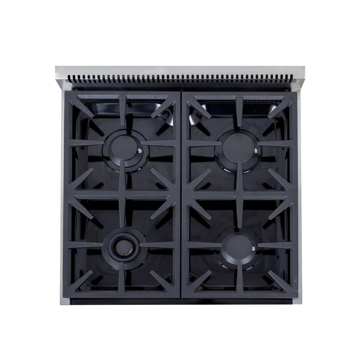 Black cast-iron burner grates top view on stainless gas range