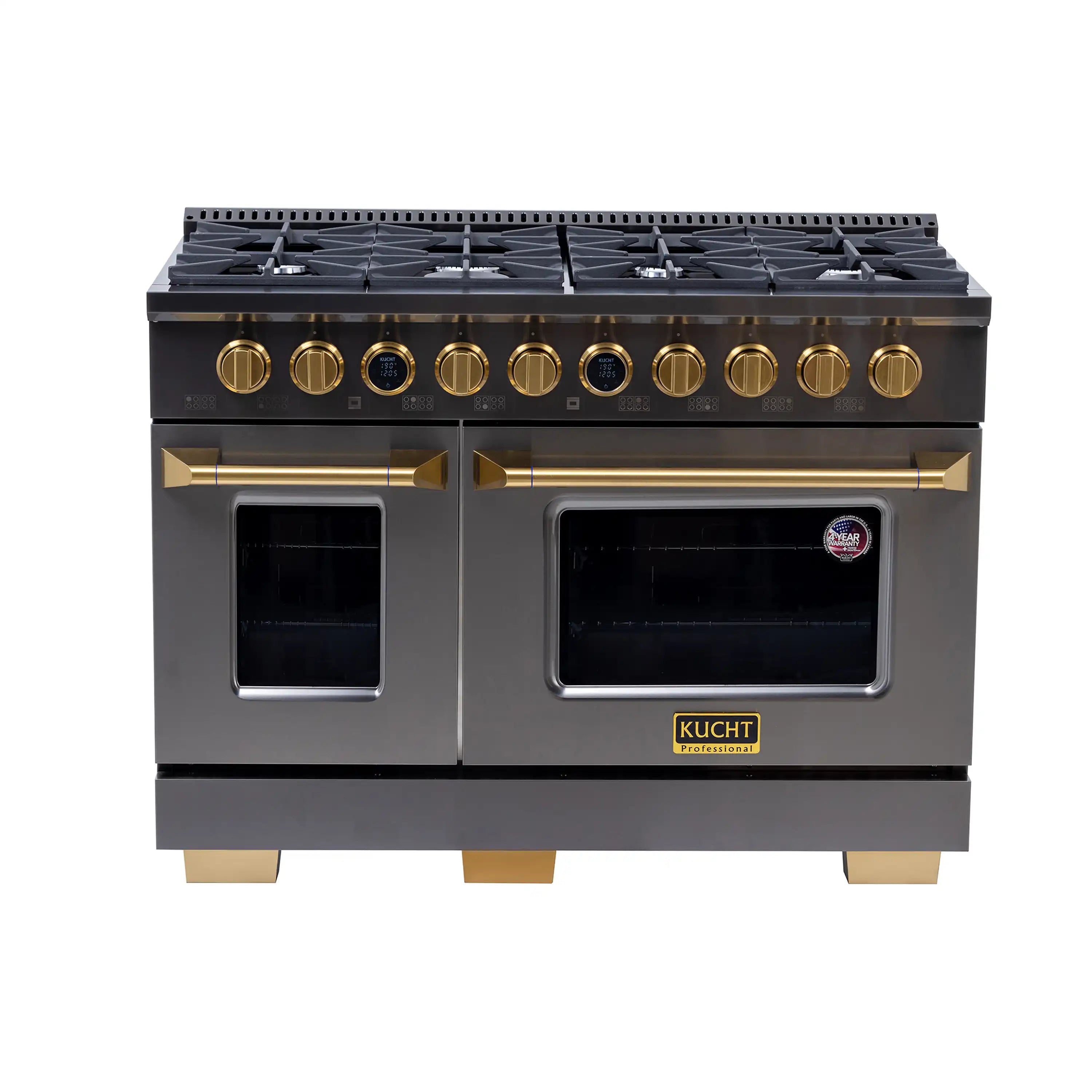 Dual fuel range with dark titanium stainless finish, two ovens and 8 gas burners