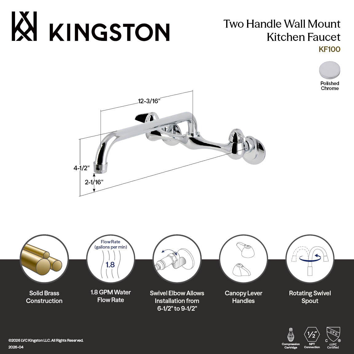 Proseal Double-Handle Wall-Mount Bridge Kitchen Faucet in Polished Chrome