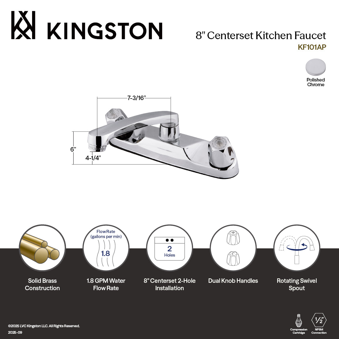 Double-Handle 8" Centerset Kitchen Faucet in Polished Chrome