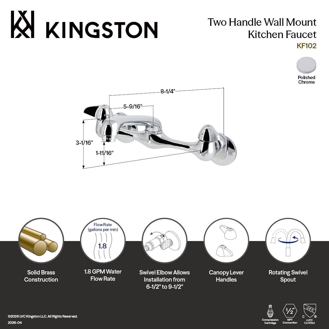 Proseal Double-Handle Wall-Mount Bridge Kitchen Faucet in Polished Chrome
