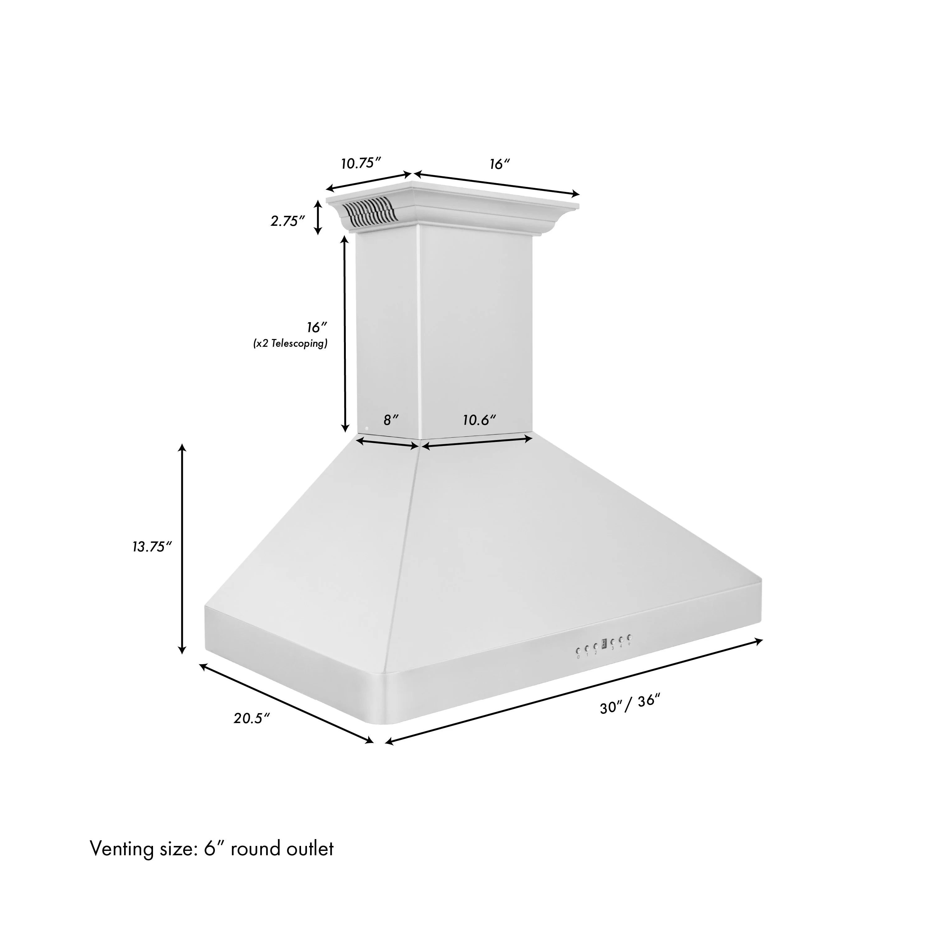 Wall-mount stainless range hood dimensions diagram with 6-inch round outlet note