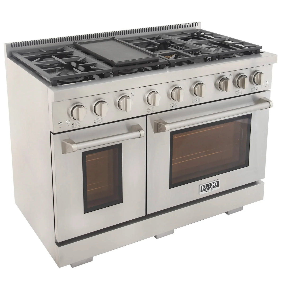 Stainless steel propane gas range with burner grates, two oven doors, and front control knobs