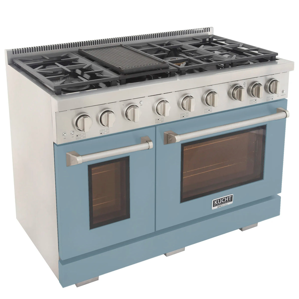 Light blue gas range with six burners, silver handles, and two oven windows