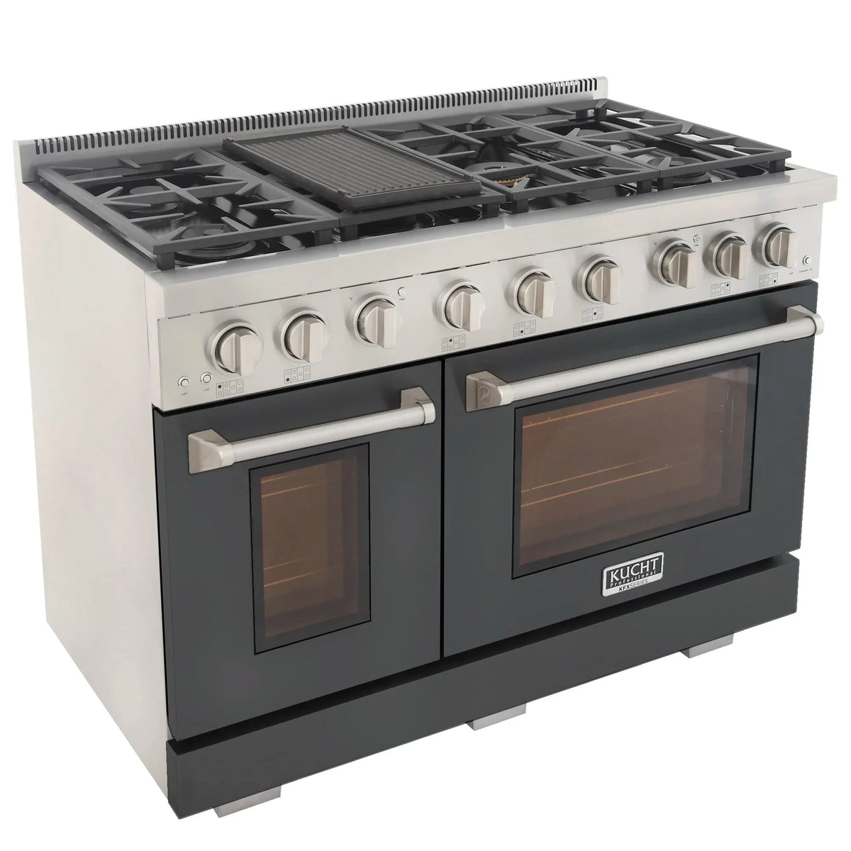 Kucht propane gas range in cement gray, with griddle-style top and dual oven windows