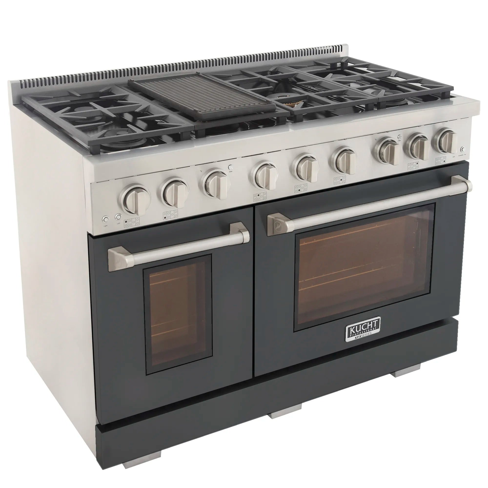 Cement gray gas range with griddle insert and dual glass-door ovens