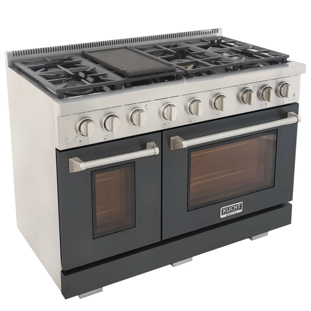 Cement gray propane gas range corner view with burner grates and oven windows