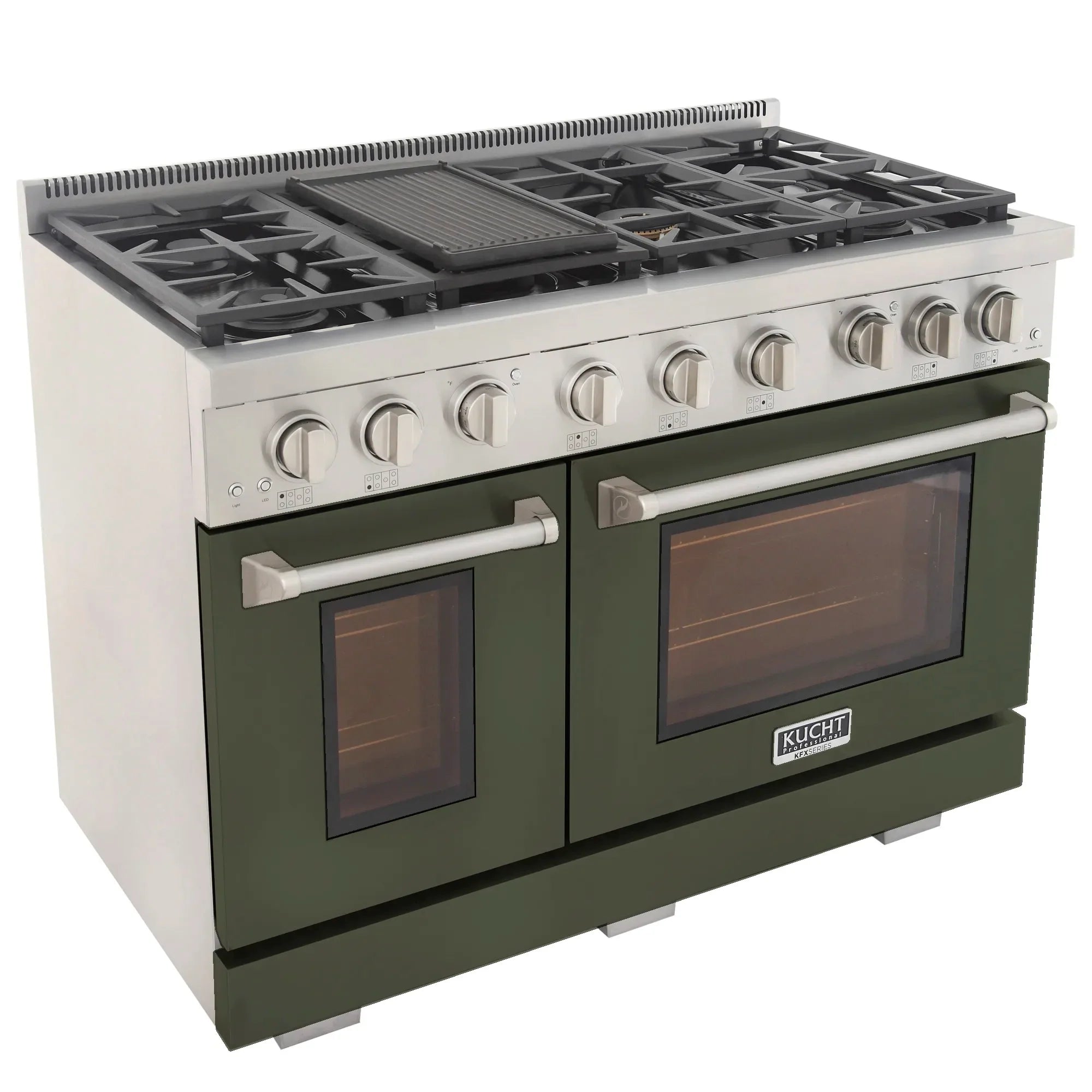 Olive green propane range with black cooktop grates, control knobs, and two oven doors