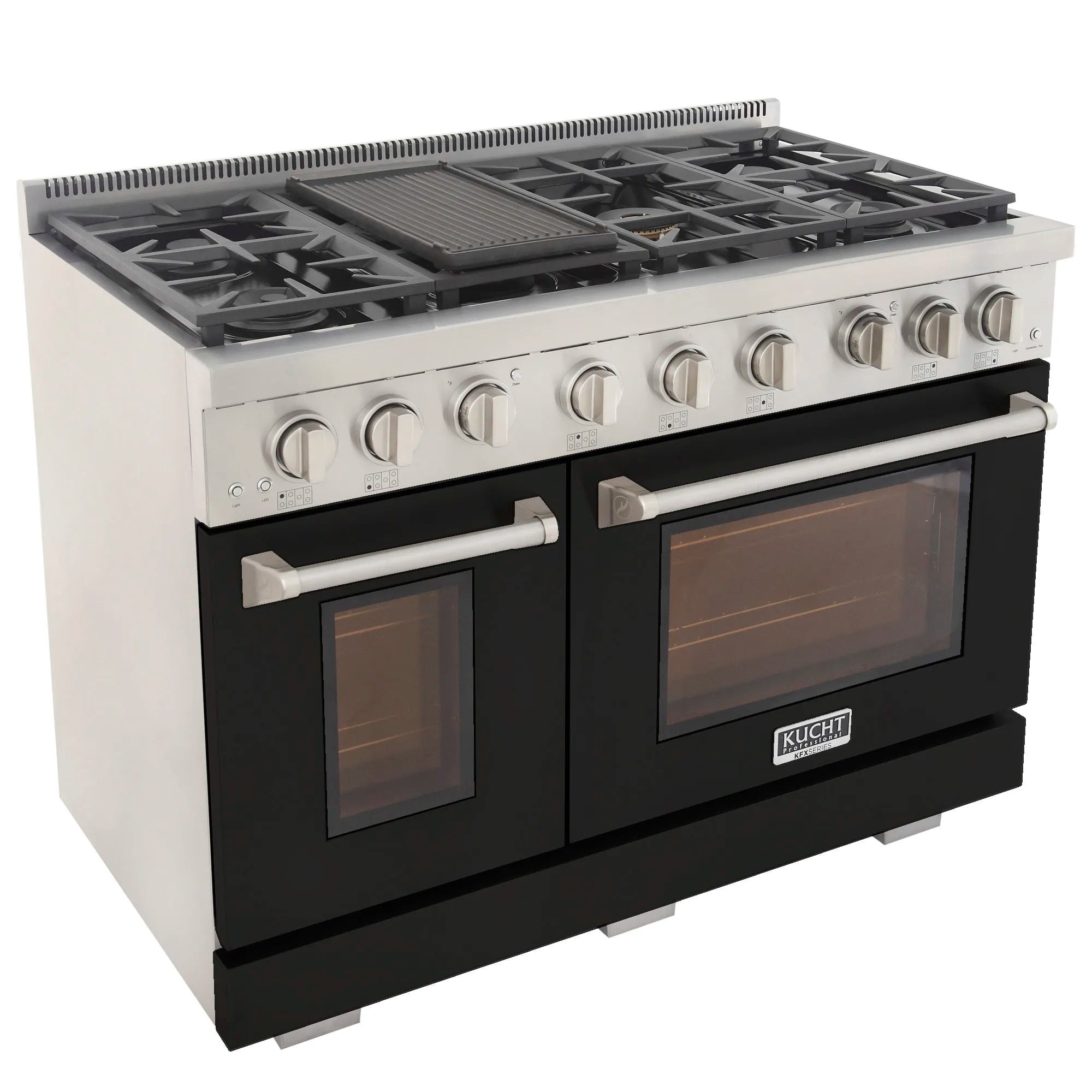 Side view of stainless and black gas range with six burners and two oven handles