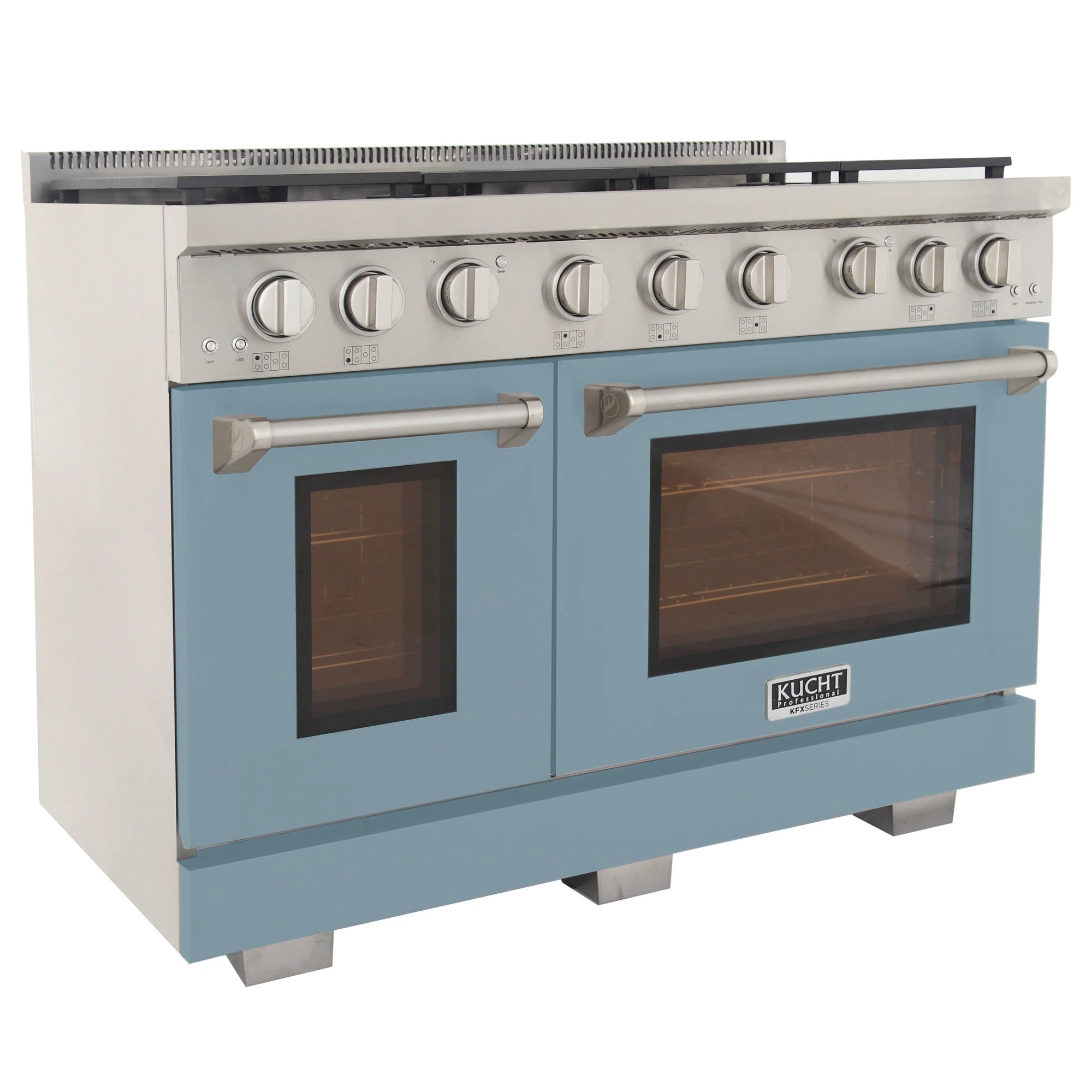 Light blue gas range front with silver knobs, two oven doors, and handle bars