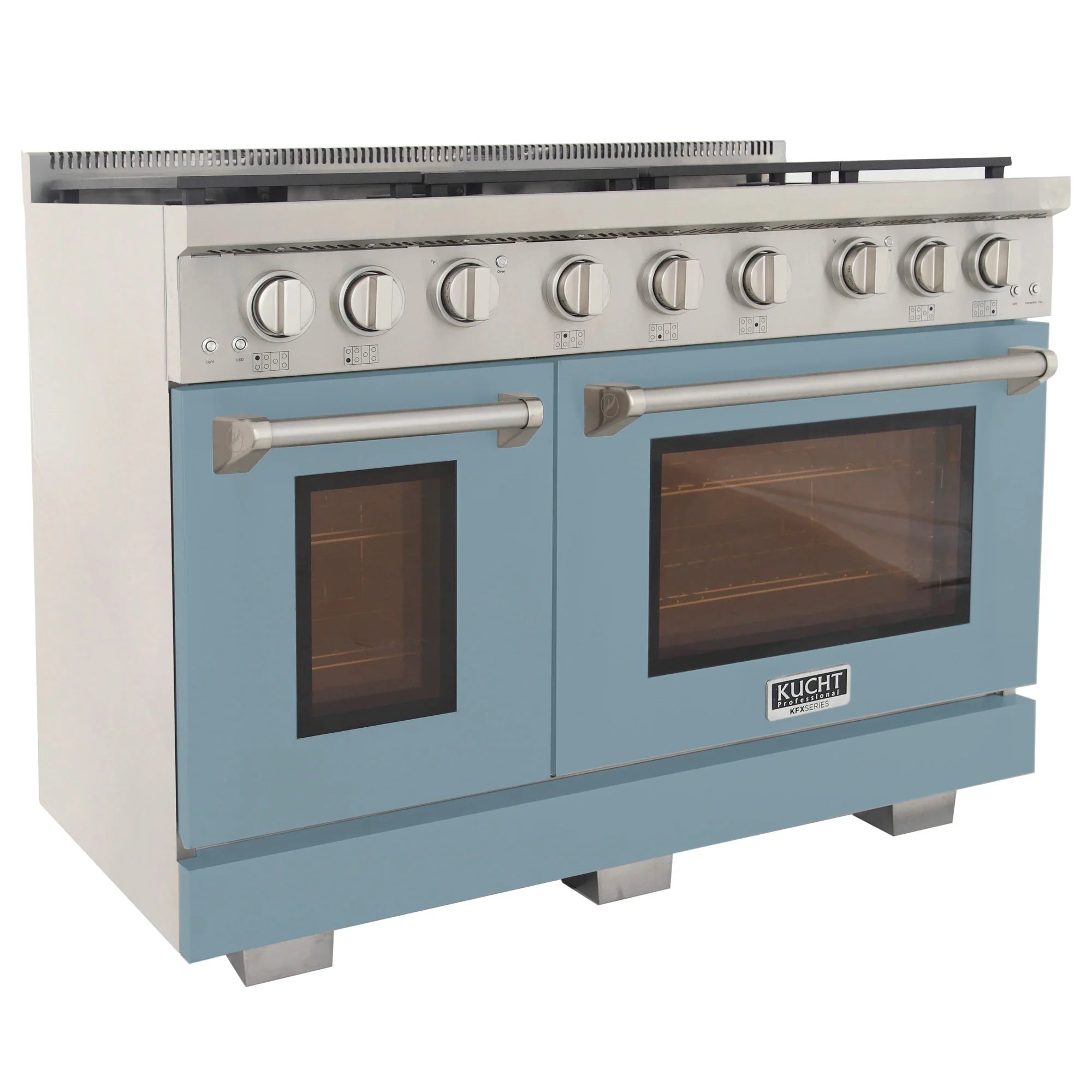 Light blue gas range front view with stainless control knobs and two glass oven windows