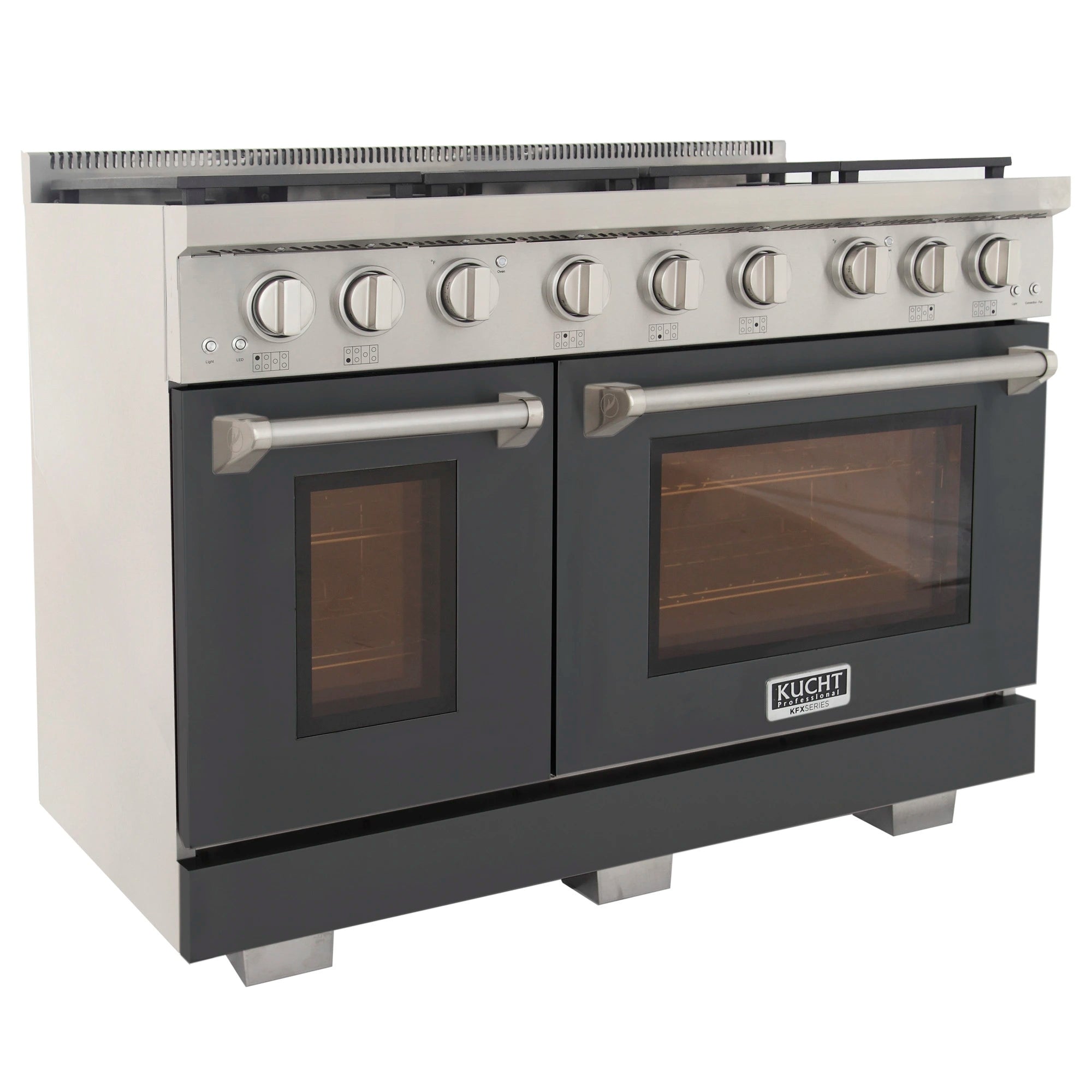 Kucht Professional 48-inch gas range, front view with control knobs and two oven windows