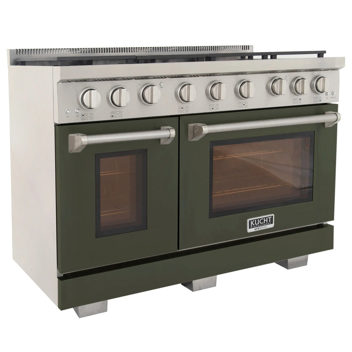 Olive green gas range front with control knobs, two oven windows, and side burner grates