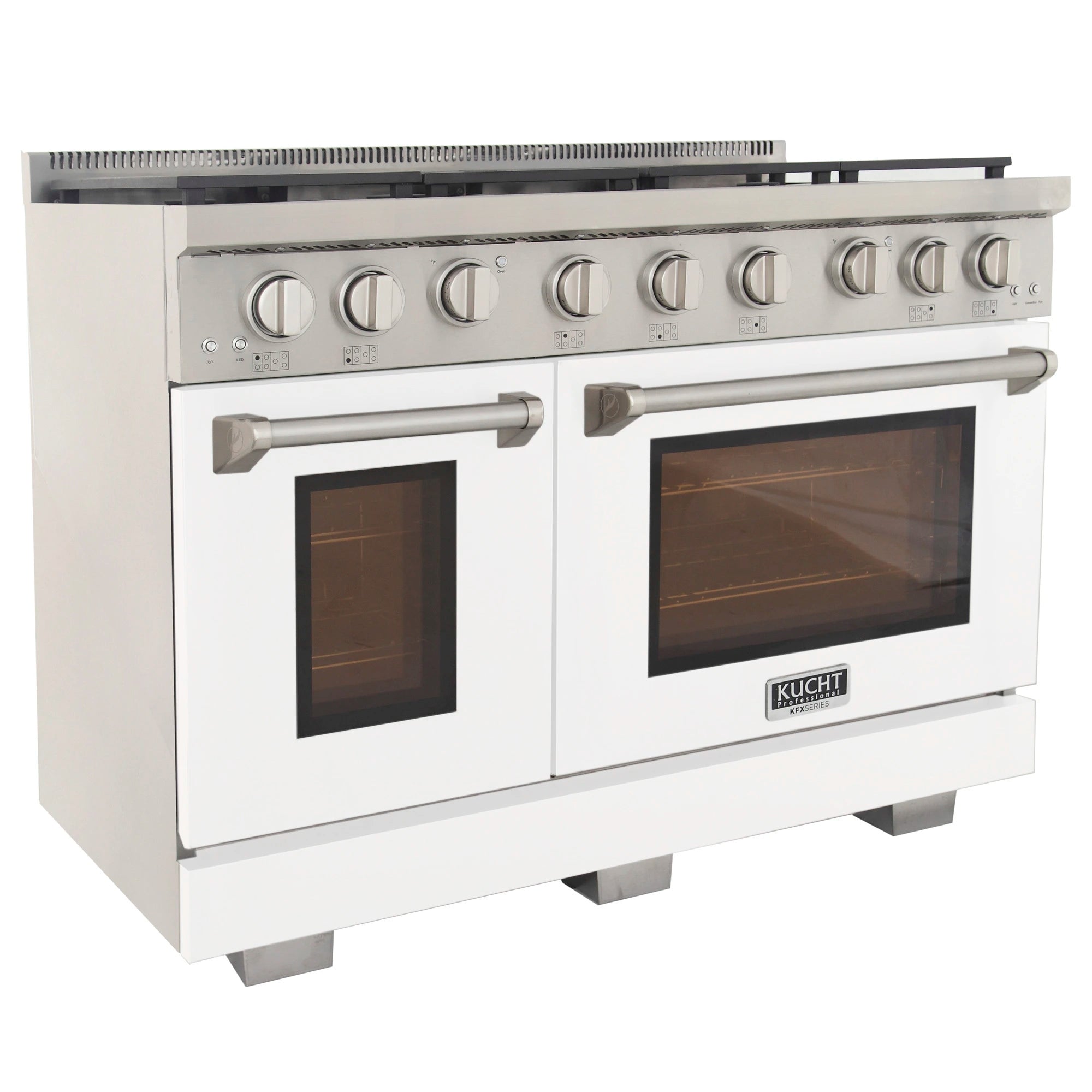 White gas range with silver control strip, two oven doors, and long oven handle bars
