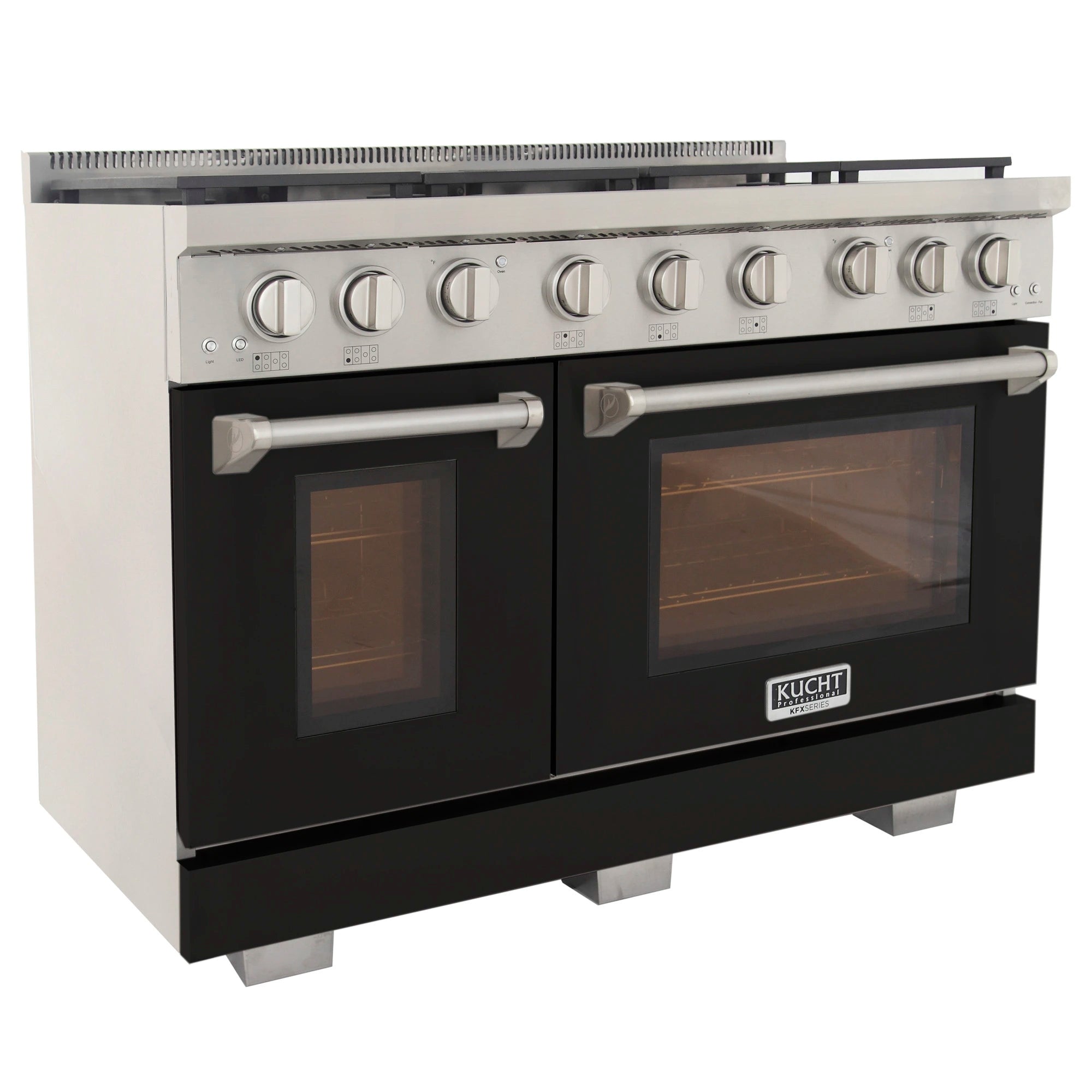 Angle view of stainless and black gas range with control knobs and two oven doors