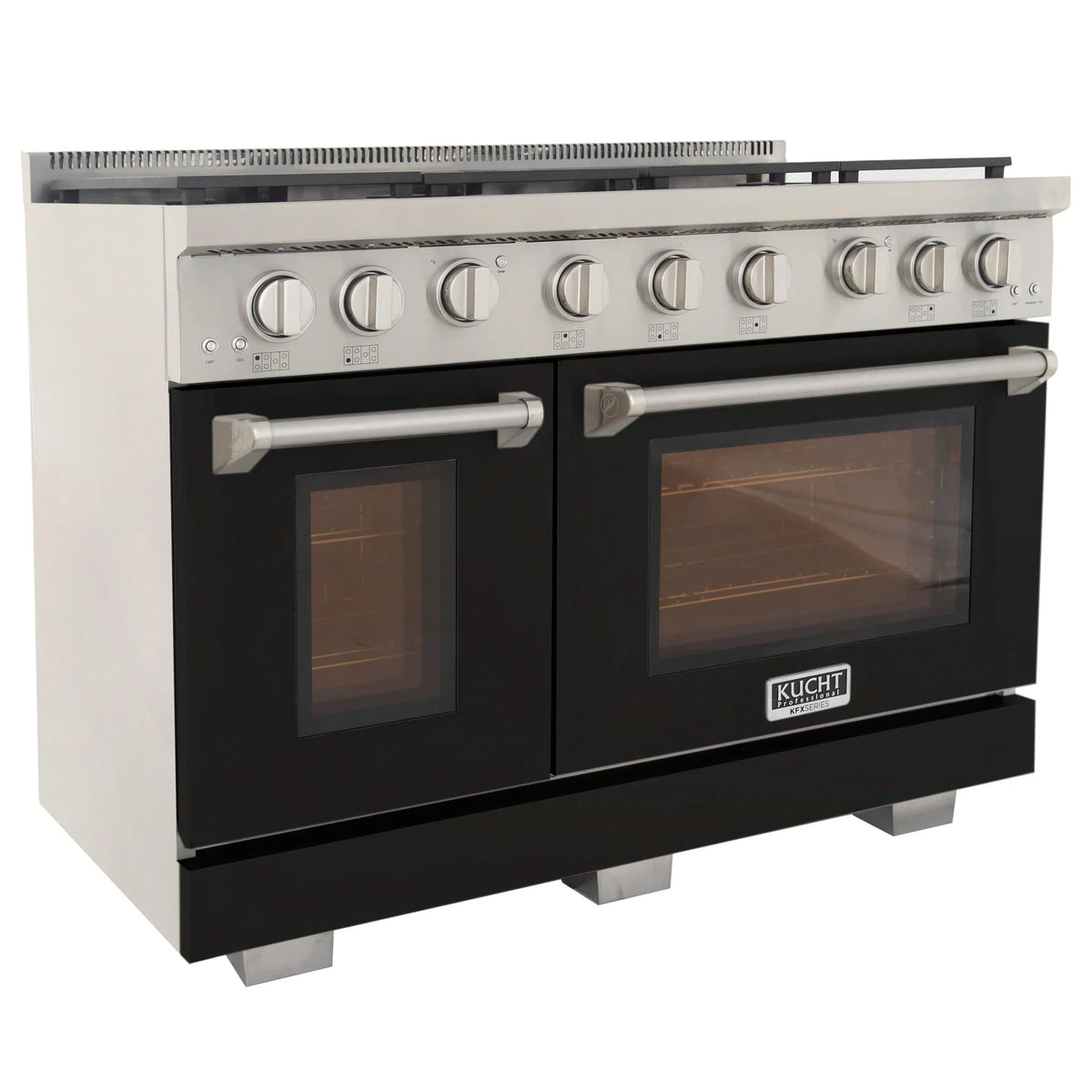 Stainless propane gas range with six burners, black oven doors, and long bar handles