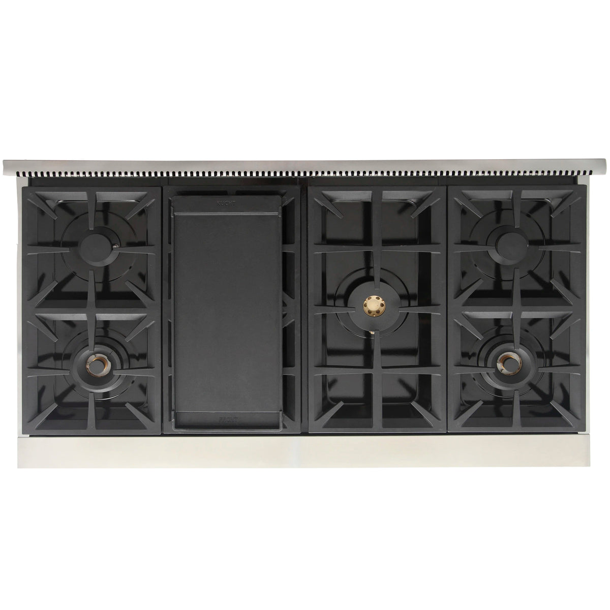 Gas range cooktop with six black burner grates and central control opening