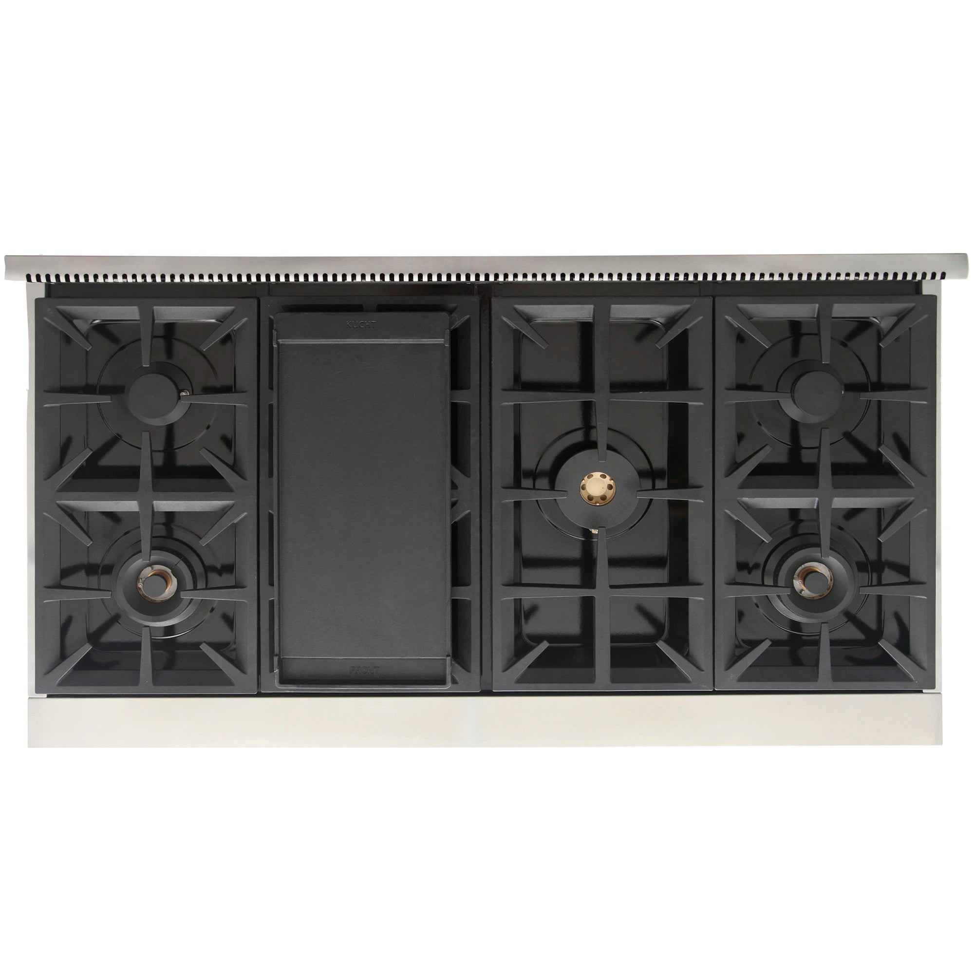 Gas range cooktop with black burner grates and central open recess with ignition port