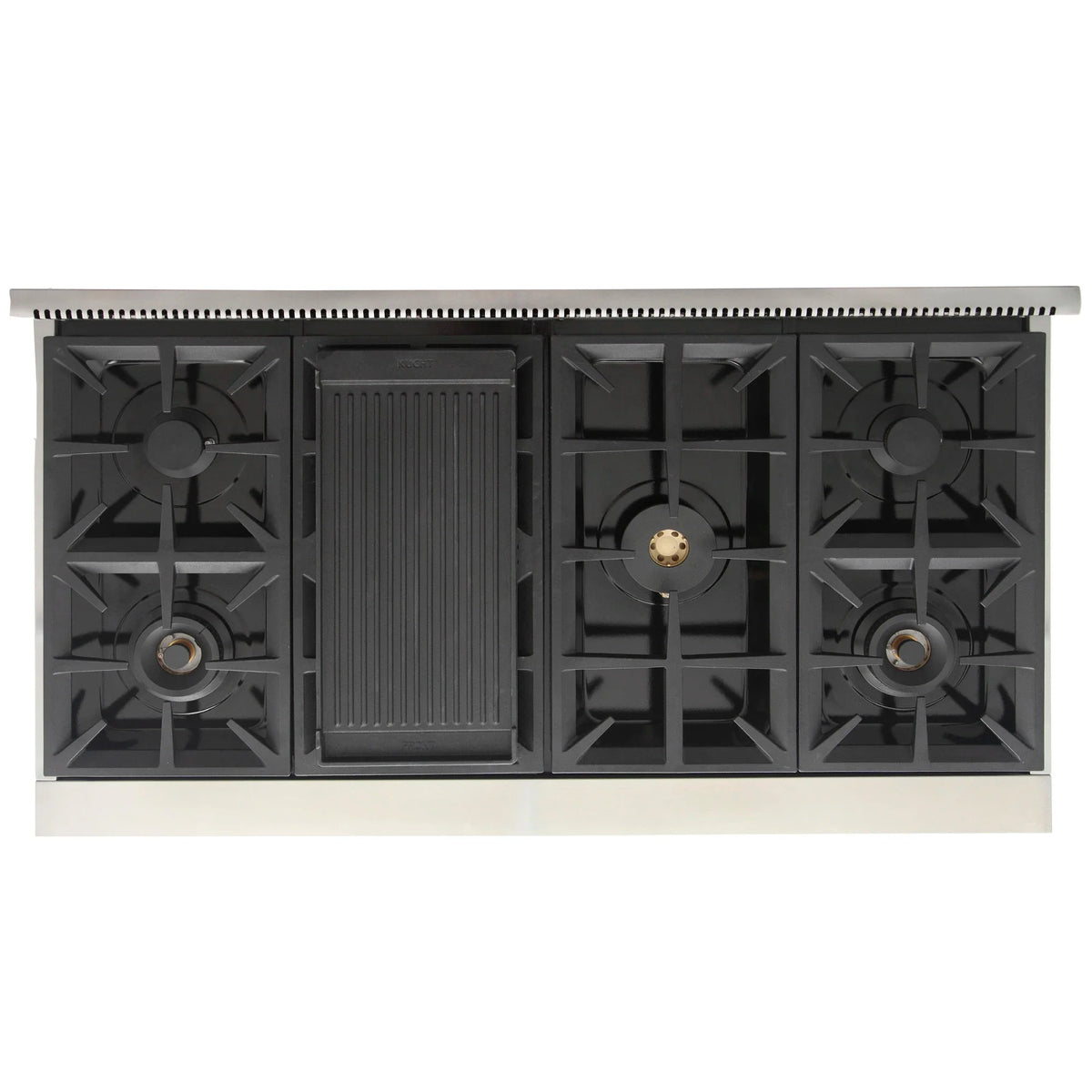 Propane gas range cooktop with black grates, two burners, and center griddle insert