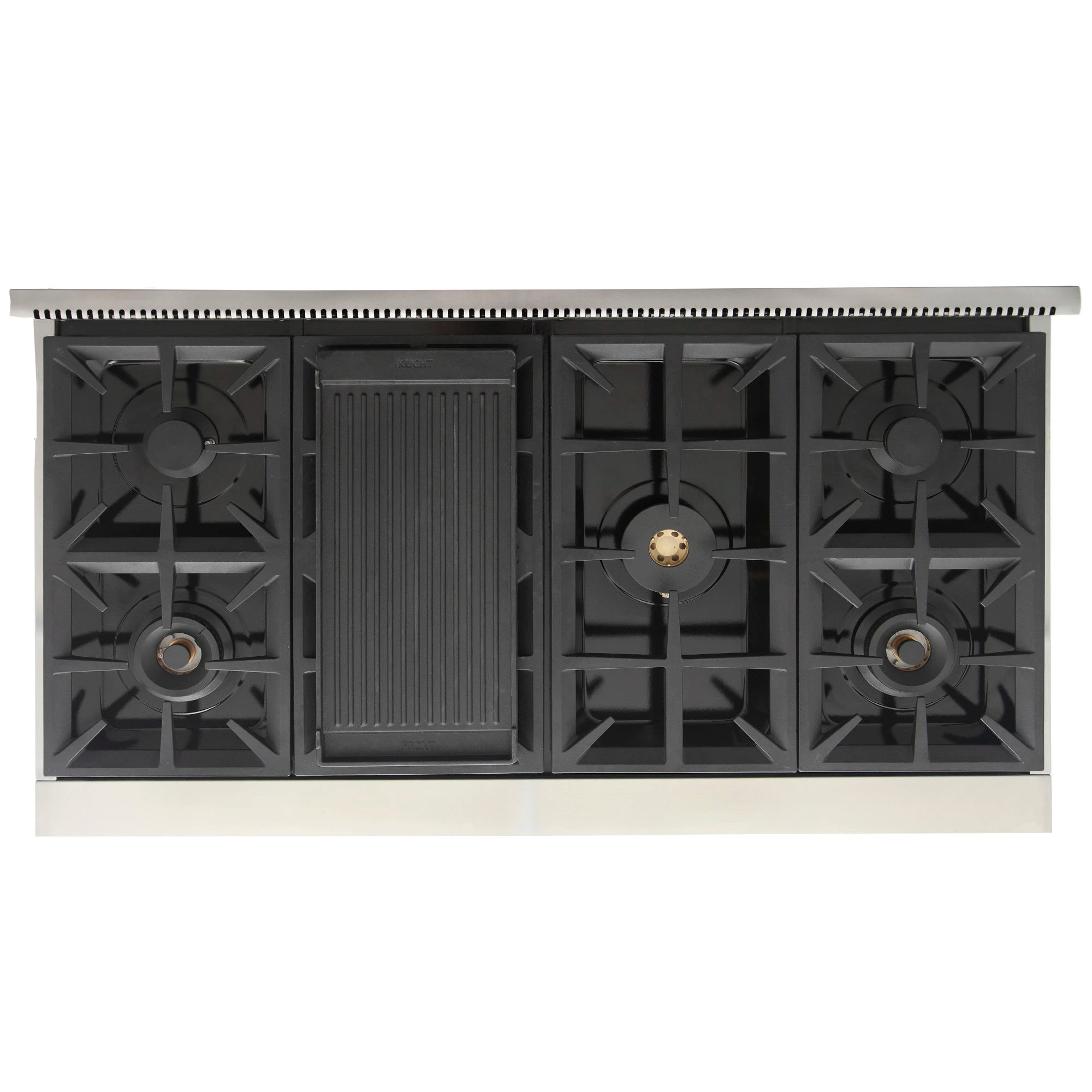 Gas range cooktop with black burner grates and rectangular griddle-style center insert