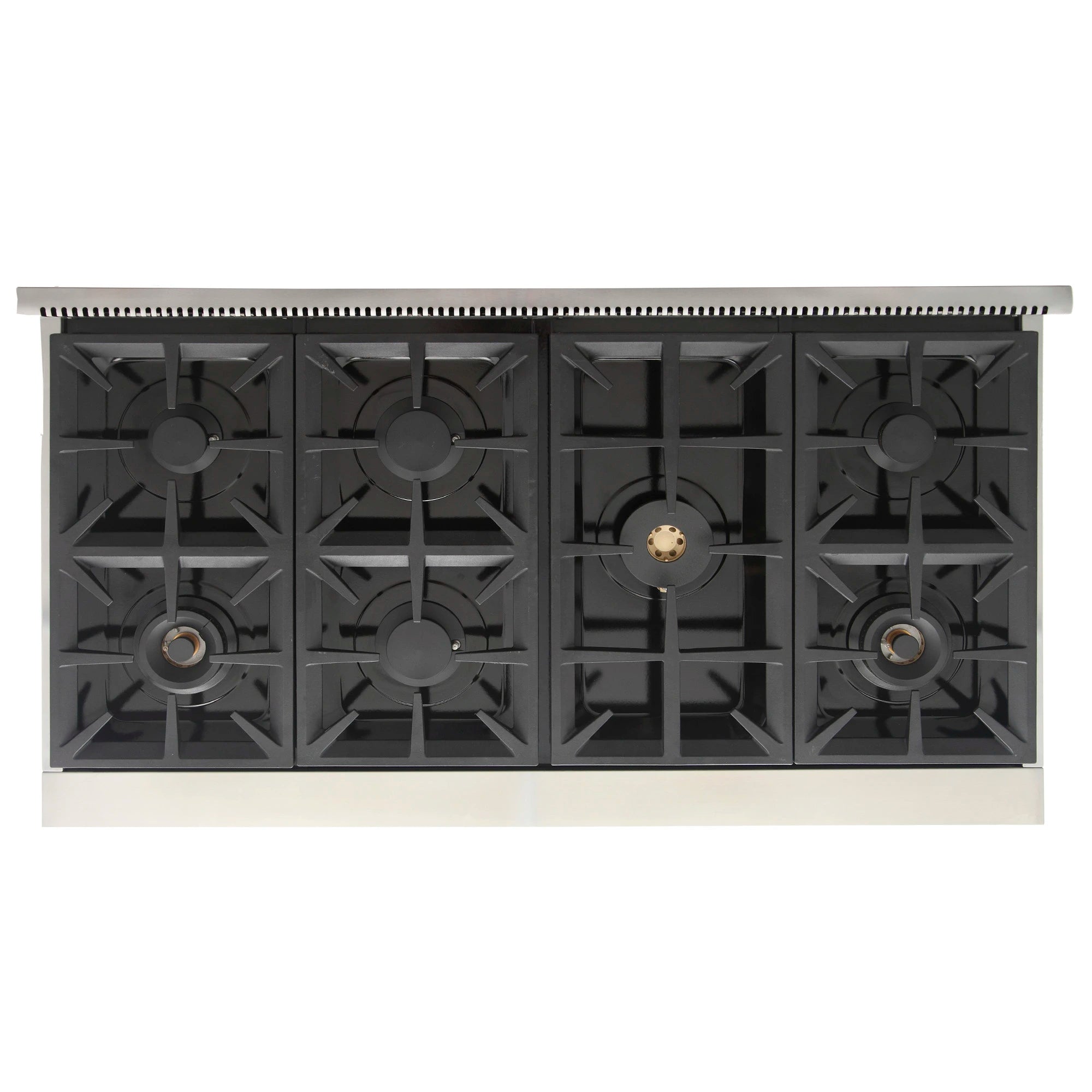 Gas range cooktop with black burner grates and six circular burner openings visible