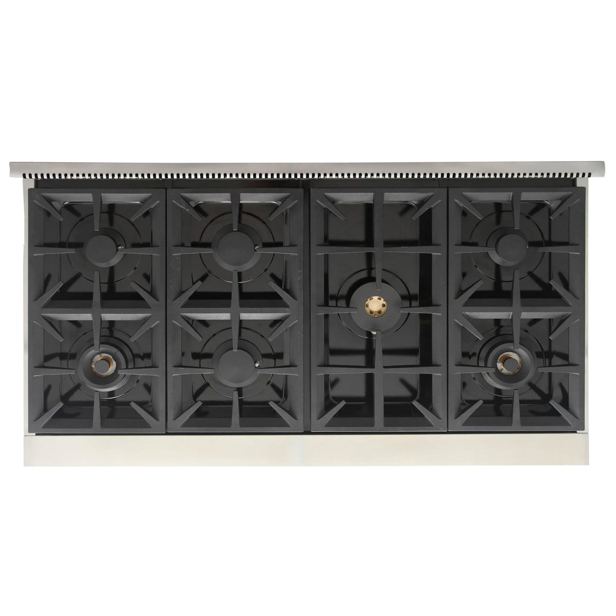 Cooktop of a propane gas range with black grates and five burner heads