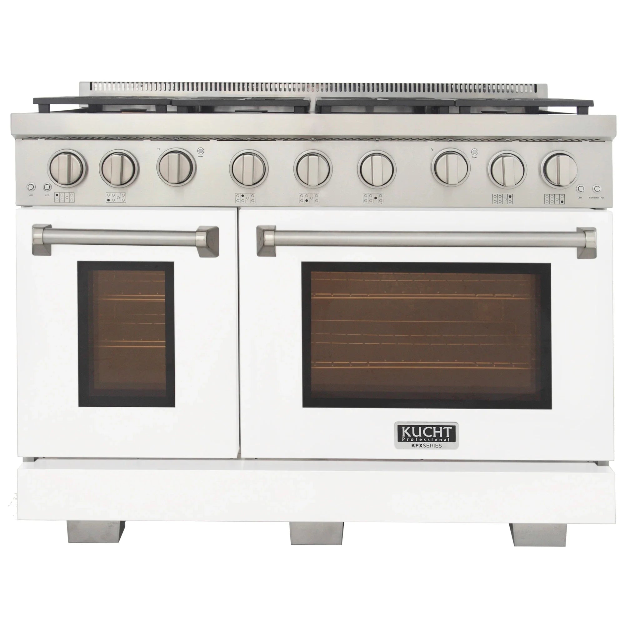 White gas range front view with two oven windows and stainless control panel knobs