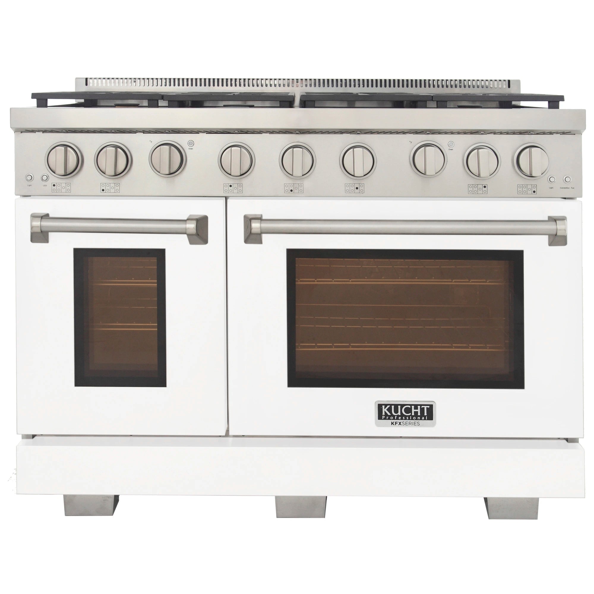 White gas range with six burner knobs and two oven doors with pull handles