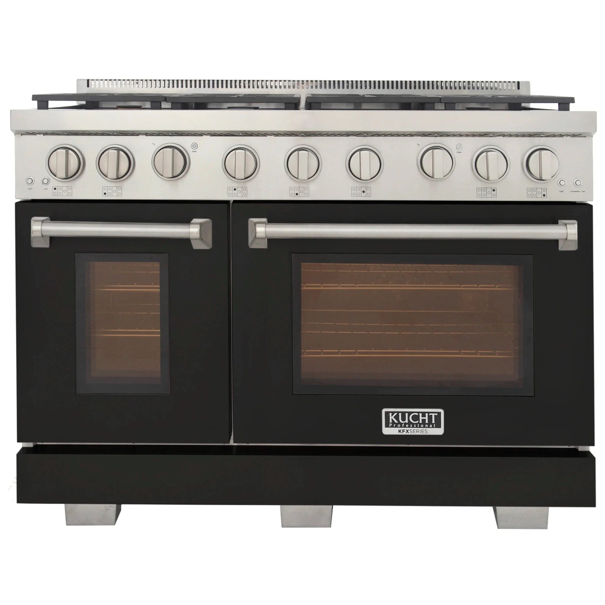 Black propane gas range with silver control panel, two oven doors, and Kucht logo