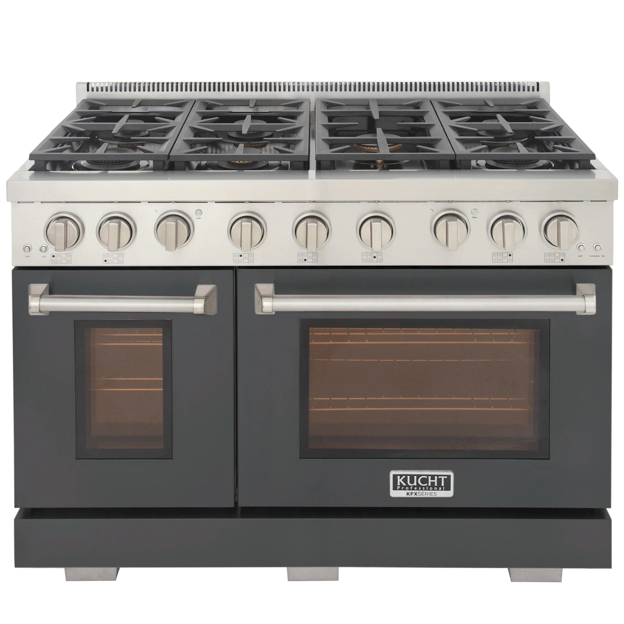 Cement gray propane gas range with six burner grates and two oven doors, silver handles